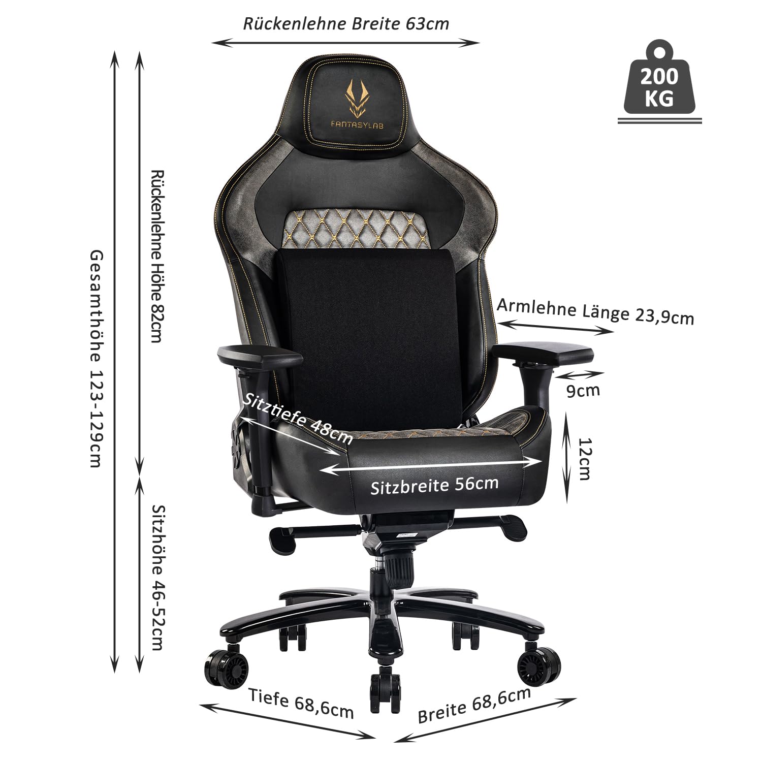 Gaming Stuhl bis 200 kg mit 4D-Armlehne und Lendenwirbelstütze, ergonomischer Bürostuhl in Grau