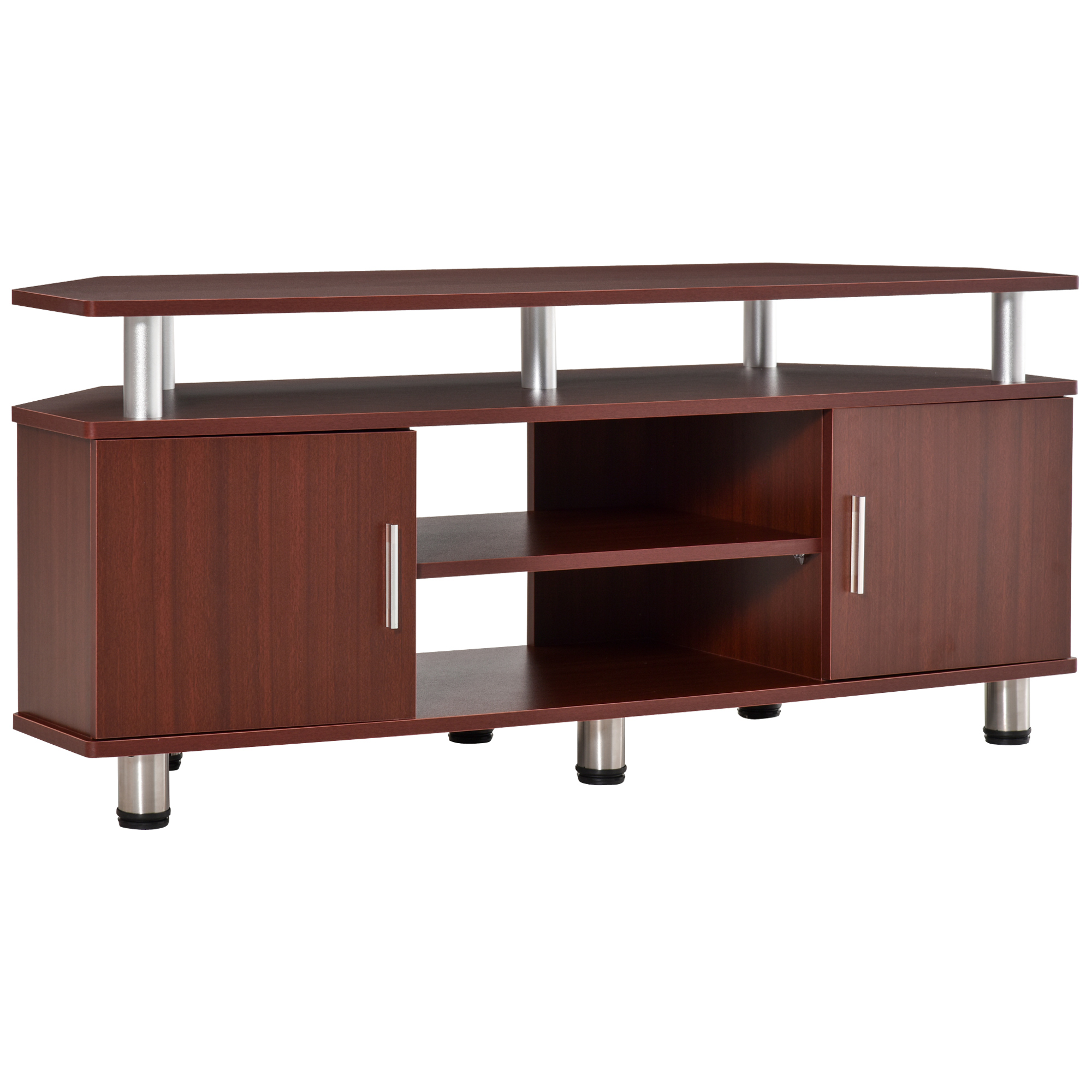 HOMCOM TV-Ständer für Wohnzimmer mit 2 Regalen und 2 Schränken, aus MDF und Edelstahl, Braun, 120x39,5x52cm