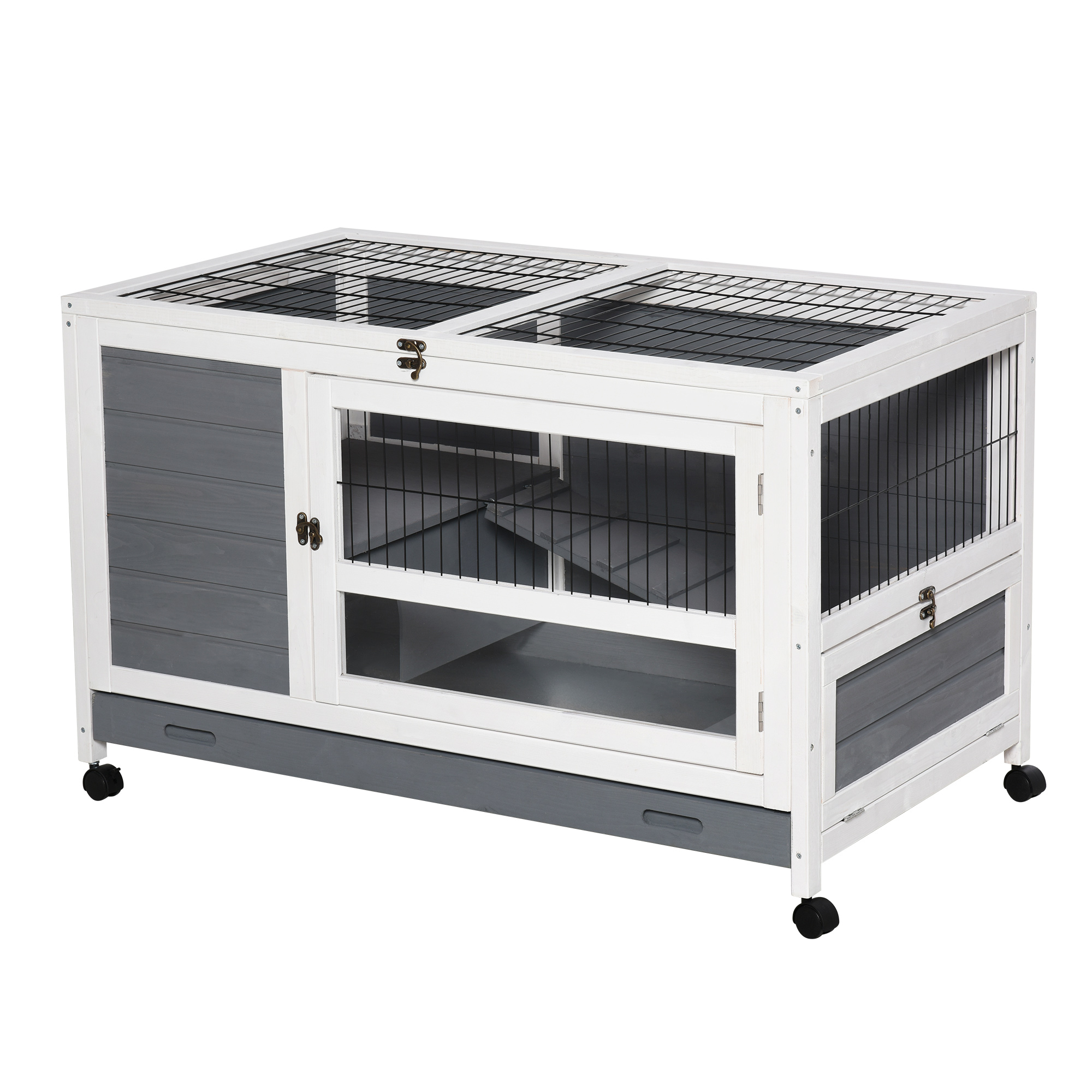 Pawhut Kleintierstall mit Rädern 2 Ebenen Tannenholz Grau + Weiß