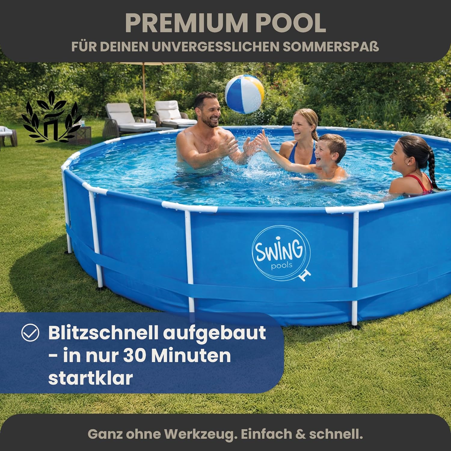 HAF - Swing Frame Pool rund Grau Fischgräte (Ø 366 cm, 91 cm tief) - Gartenpool mit 8.300 Liter - Robust, UV-geschützt & korrosionsbeständig - Stabiler Metallrahmen - Schnellaufbau ohne Werkzeug