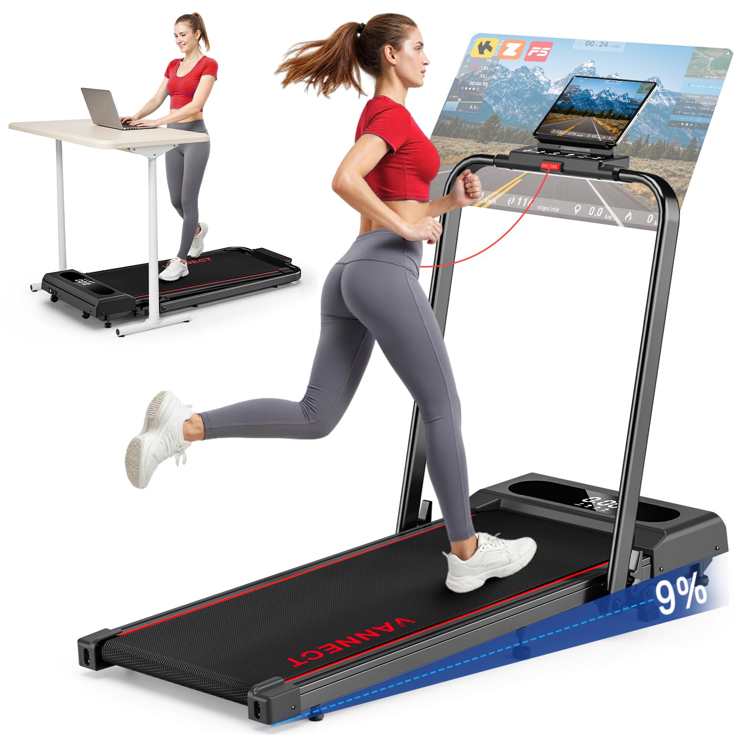 Klappbares Laufband für Zuhause mit 9 % Steigung, 1-12 km/h, 2,75 HP, App und LED-Anzeige, bis 160 kg