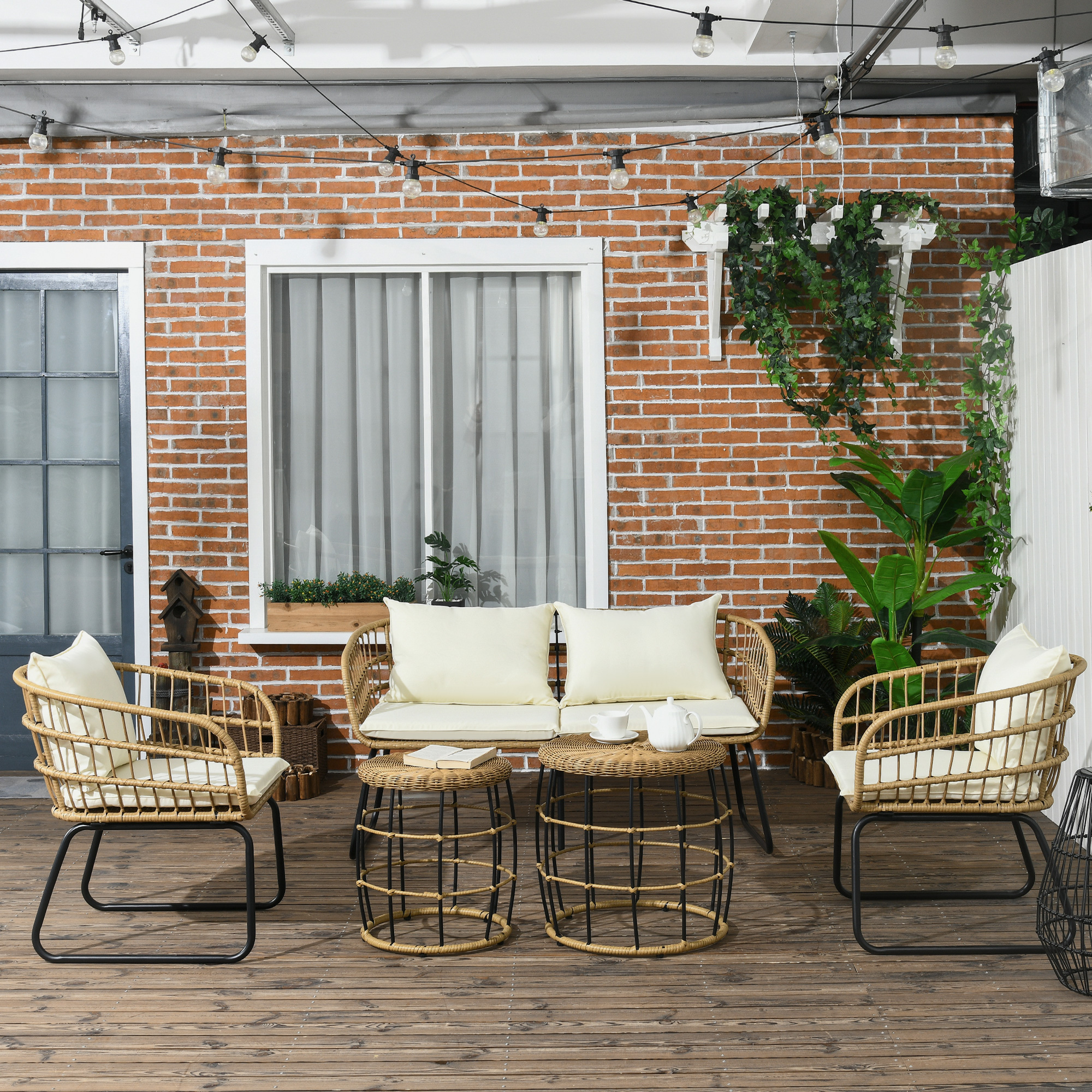 Outsunny Rattansitzgruppe Lounge-Set Outdoor-Sitzgruppe, Boho-Stil, 5-teilges Set, 145 x 70 x 78 cm, Creme + Natur + Schwarz
