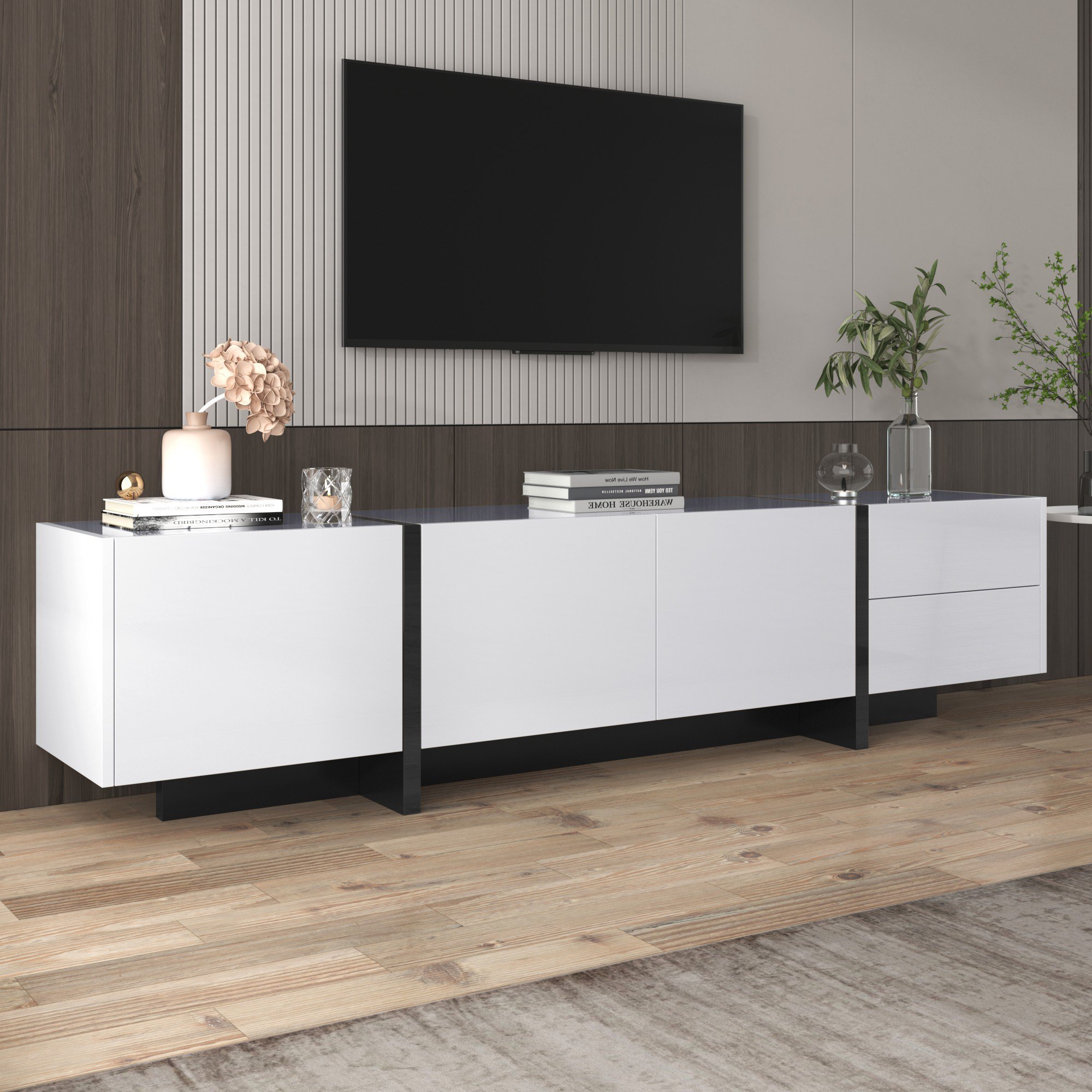 TV-Schrank in Hochglanz mit Türen, Schubladen und Regalen, modernes Design, Weiß und Schwarz