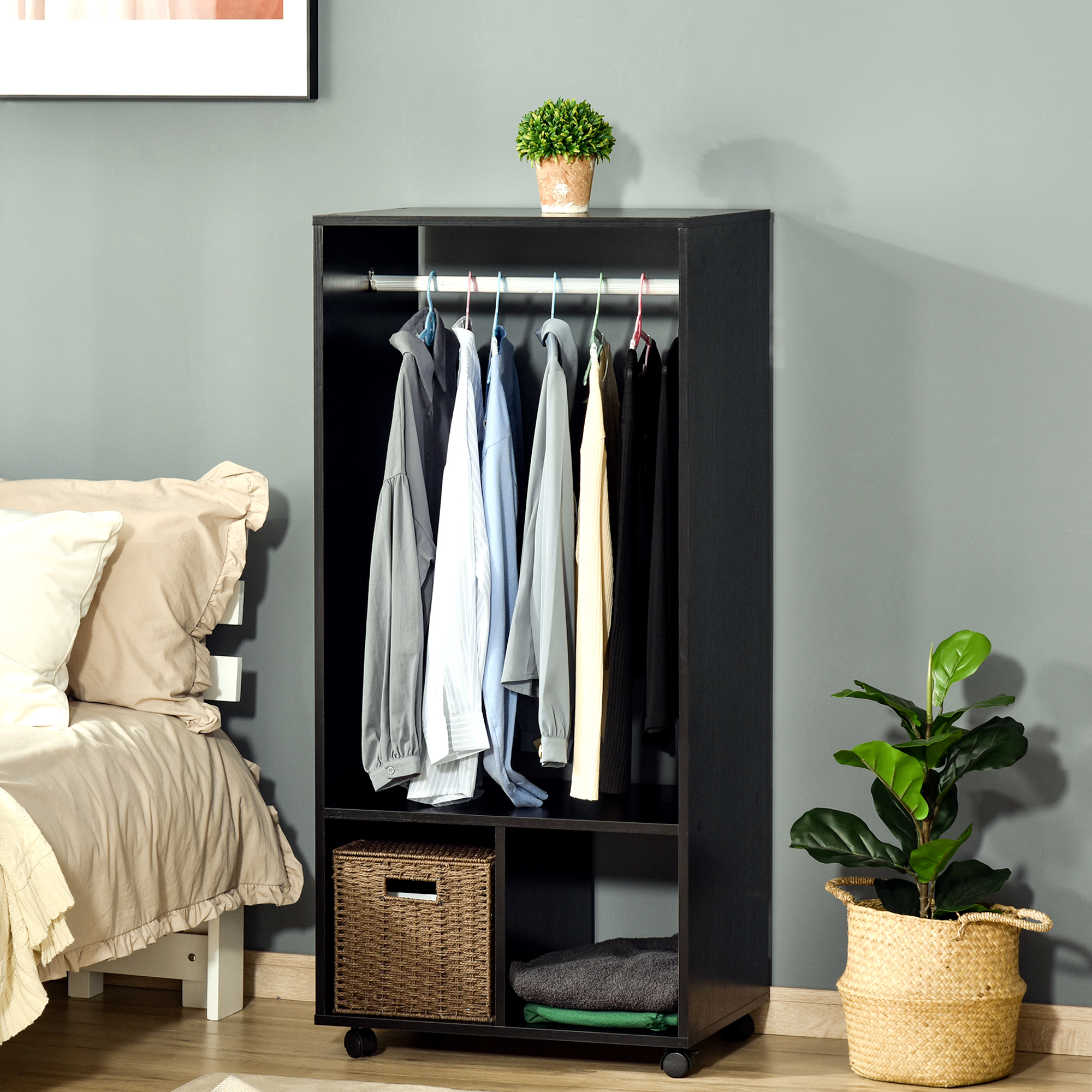 HOMCOM Kleiderschrank Garderobe,60 cm x 40 cm x 128 cm, 1 Kleiderstange, 2 Regale, Schwarz