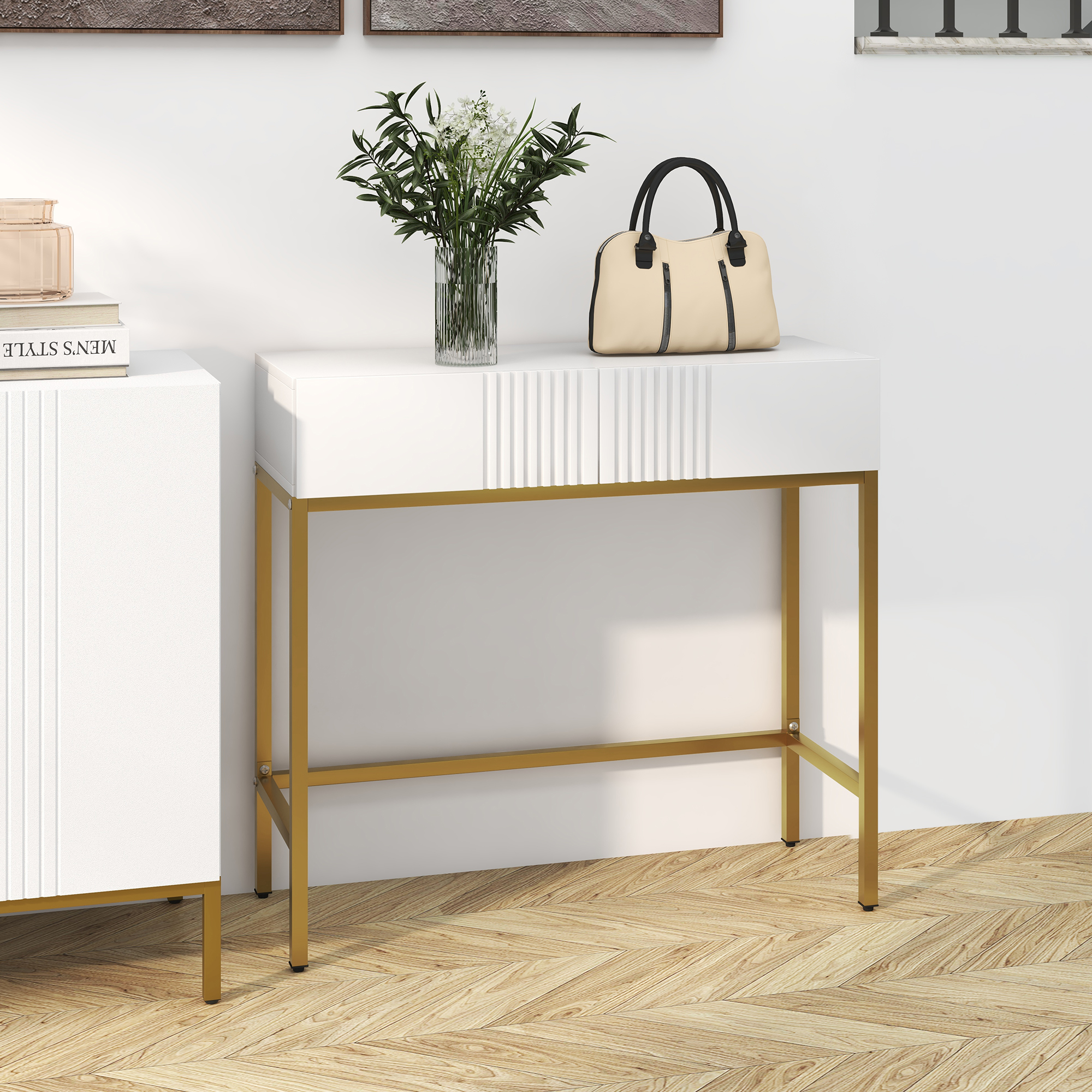 HOMCOM Konsolentisch Konsolenmöbel mit 2 Schubladen Stahlgestell mit rutschfesten Füßen 80 x 31,5 x 75 cm Weiß