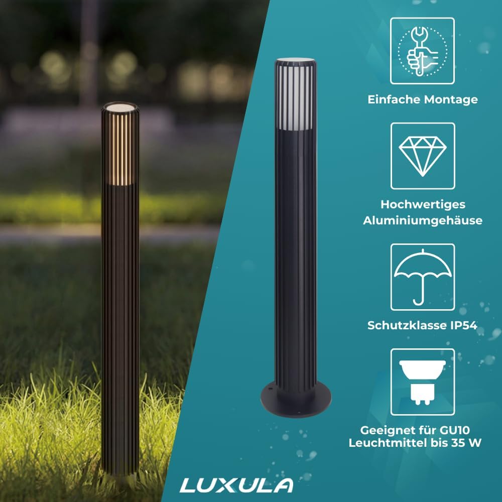 LUXULA 2er Set Wegeleuchte Außen mit Bodenplatte und Erdspieß, GU10 Fassung, Aluminium, 56cm Höhe - LED Außenleuchte IP44 Pollerleuchte Garten Terrasse