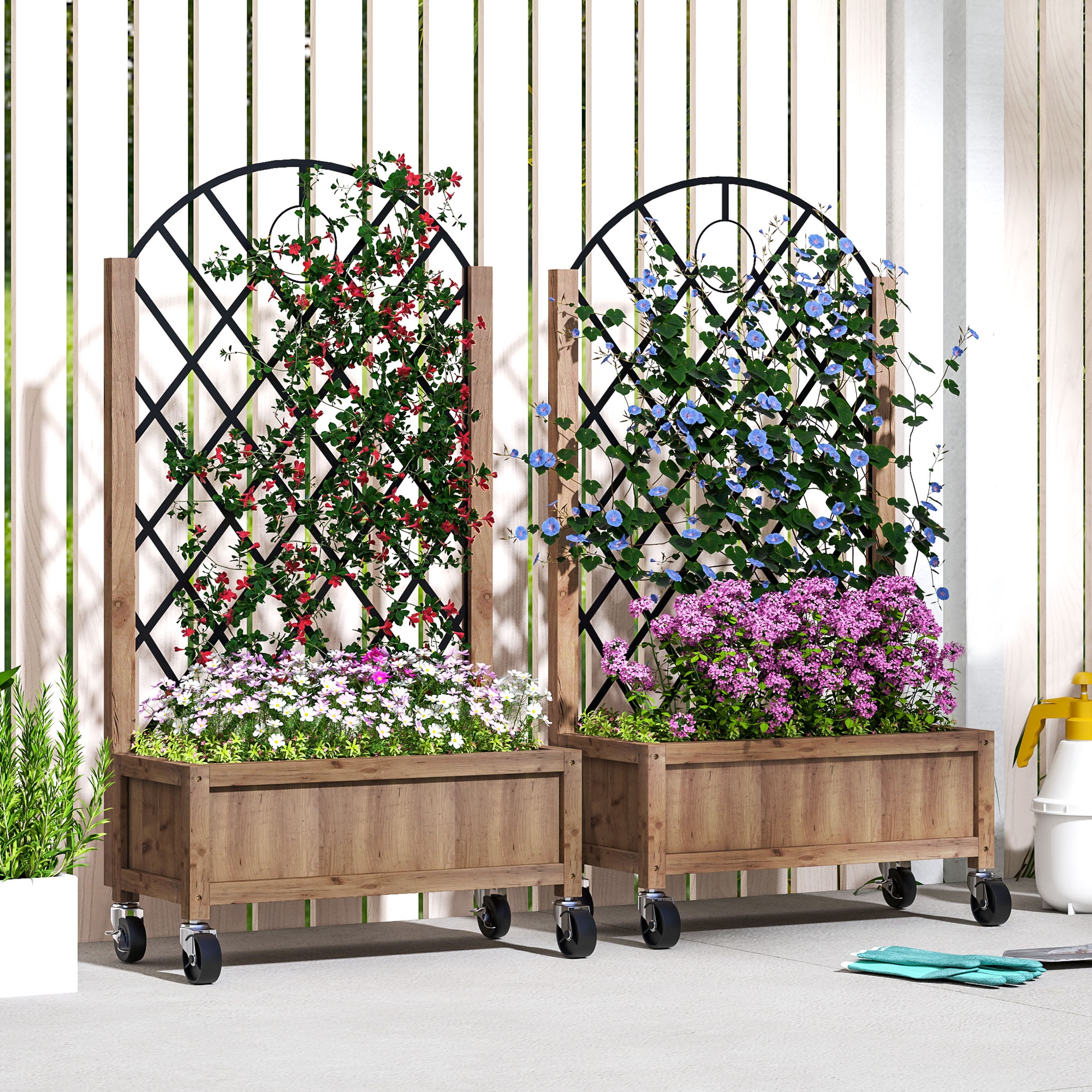 Outsunny 2er Set Hochbeet Pflanzkasten mit Rolle, Rankgitter, Spalier Pflanzkübel Blumenkasten Holz 52x25x97cm Braun