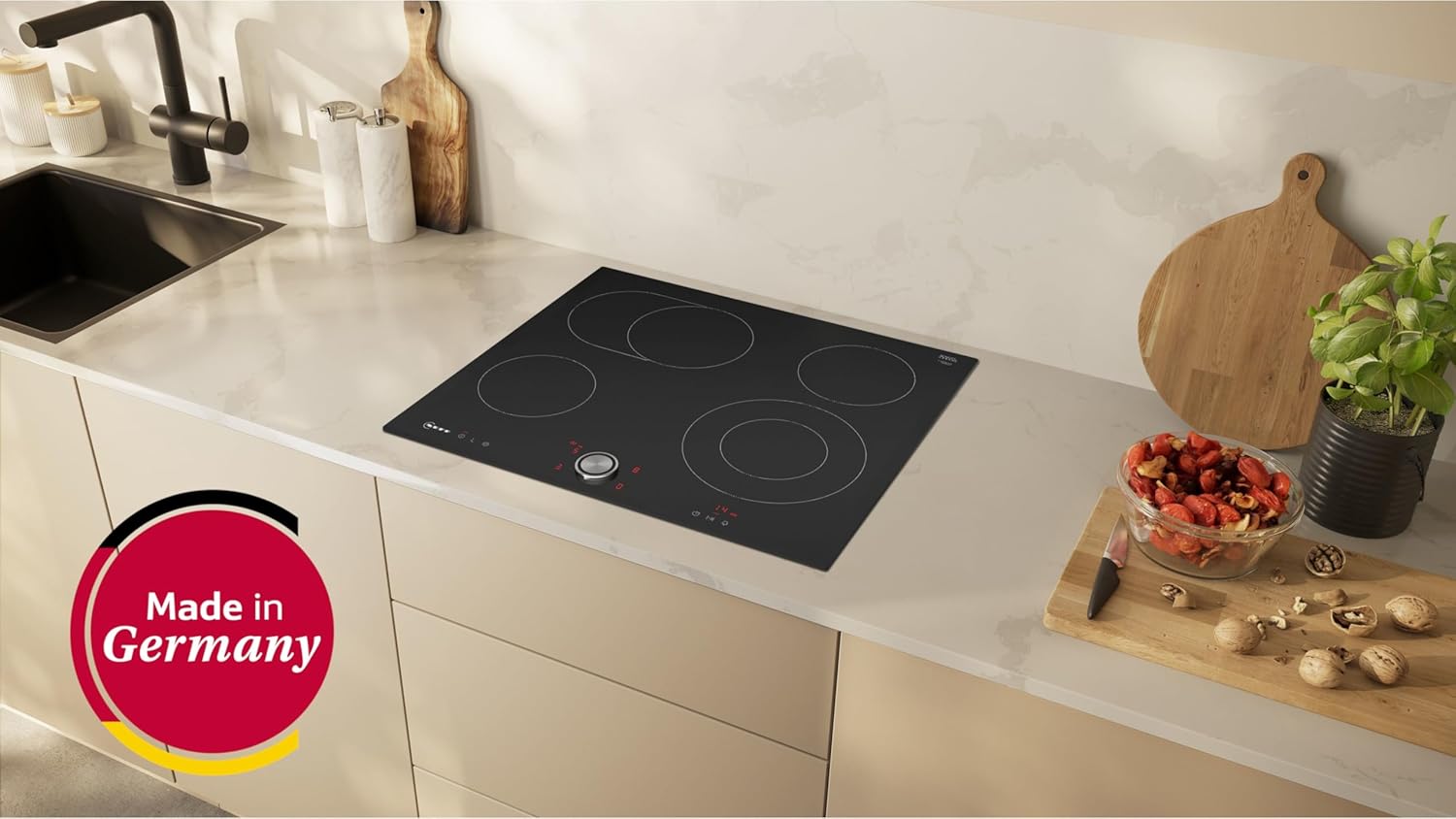 NEFF T16FTN1L0, N 70, Elektrokochfeld, autarkes Glaskeramik-Kochfeld 60 cm breit, Made in Germany, TwistPad, Powerstufe, Bräterzone, Rahmenlos aufliegend, Schwarz
