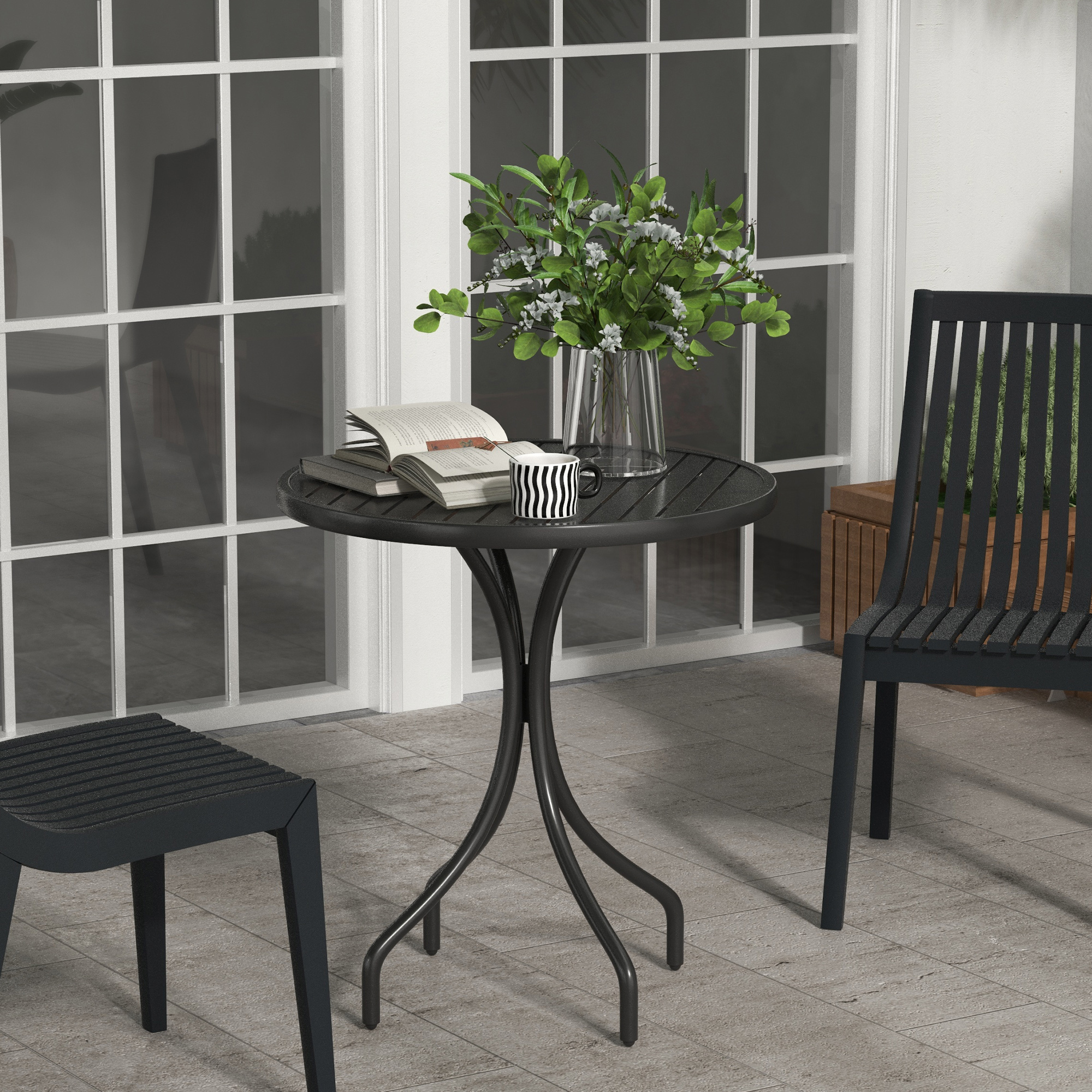 Outsunny Runder Gartentisch Ø66 cm, Gartentisch aus verzinktem Stahl mit Lattenplatte für Terrasse, Balkon, Schwarz
