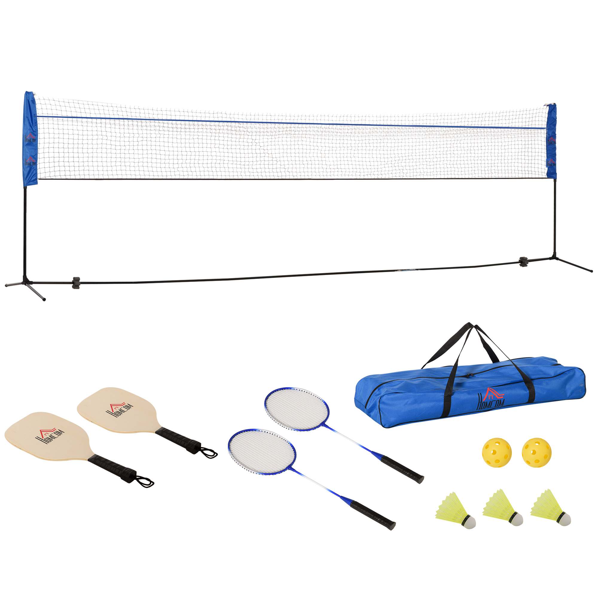 HOMCOM Badmintonnetz Set faltbares Tennisnetz mit Badmintonschläger 107/120/155H cm Höhenverstellbar Indoor Outdoor Federballnetz mit Transporttasche Metall Polyester Blau+Schwarz