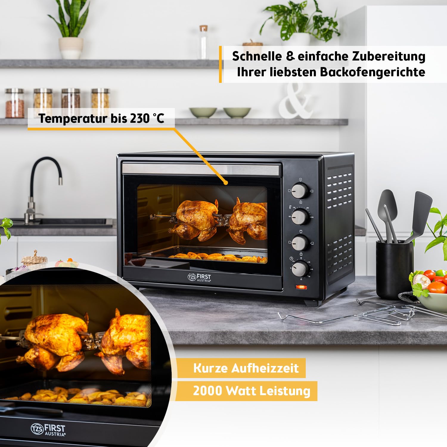Minibackofen 60 L mit Umluft und Drehspieß, 2000 W, bis 230 °C, 60-Min-Timer, 4 Einschubhöhen, Backblech, Grillrost