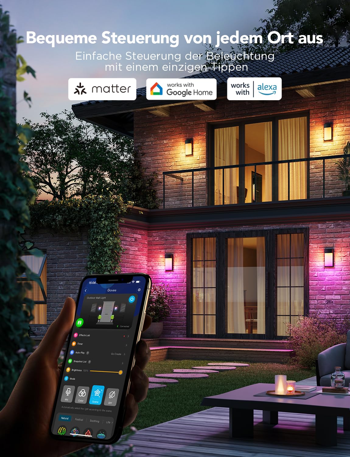 Smarte Außenwandleuchte 1500 lm IP65 2700–6500 K 2er-Set Aluminium Wi-Fi App Alexa Google Assistant Matter 45 Lichtszenen