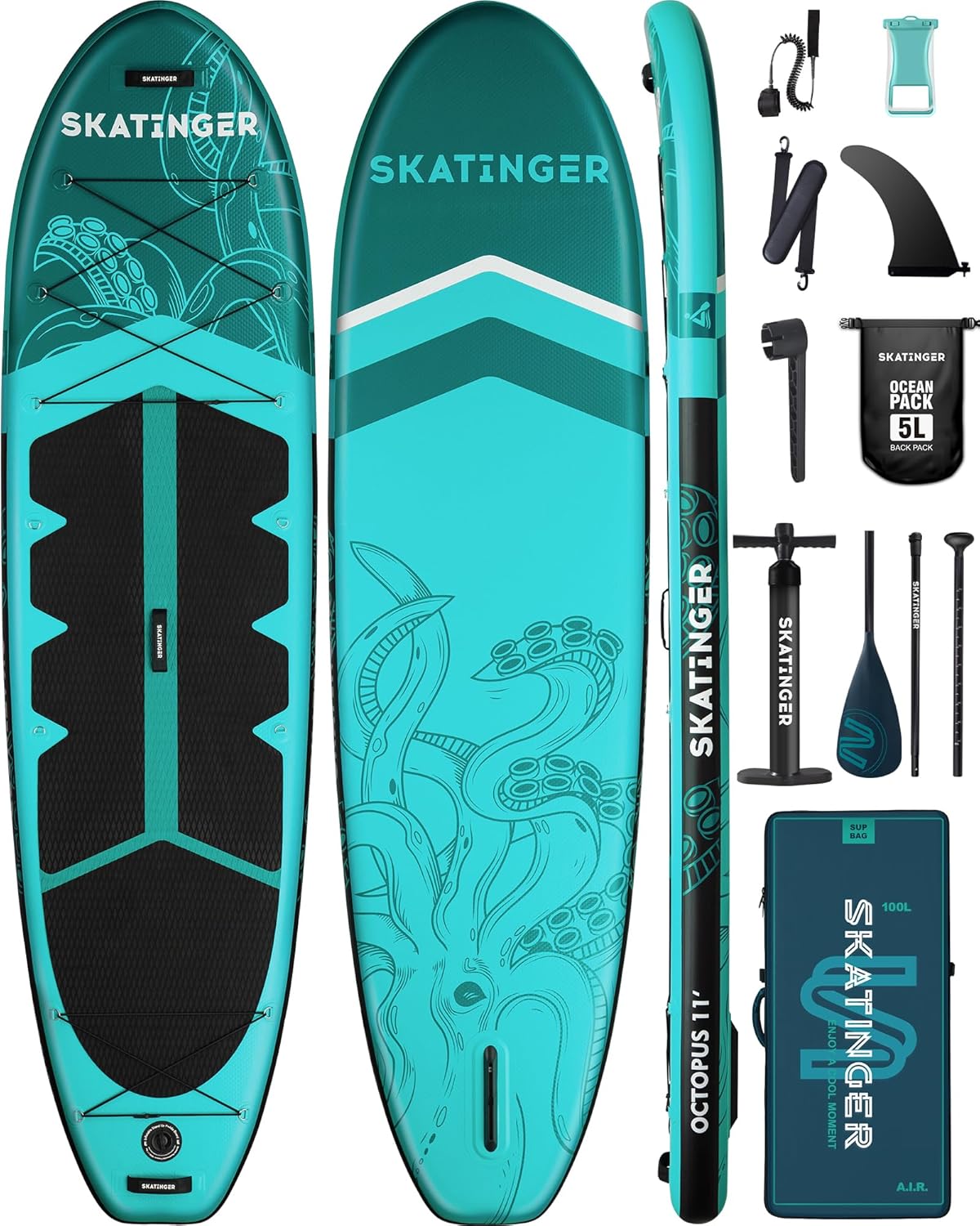 Skatinger Tavole gonfiabili per stand up paddle, 28 x 86 x 15,2 cm, tavola da SUP gonfiabile, tavola da yoga con zaino 1600D, 6 anelli a D extra, tracolla, pinna centrale degli Stati Uniti, pompa a 2