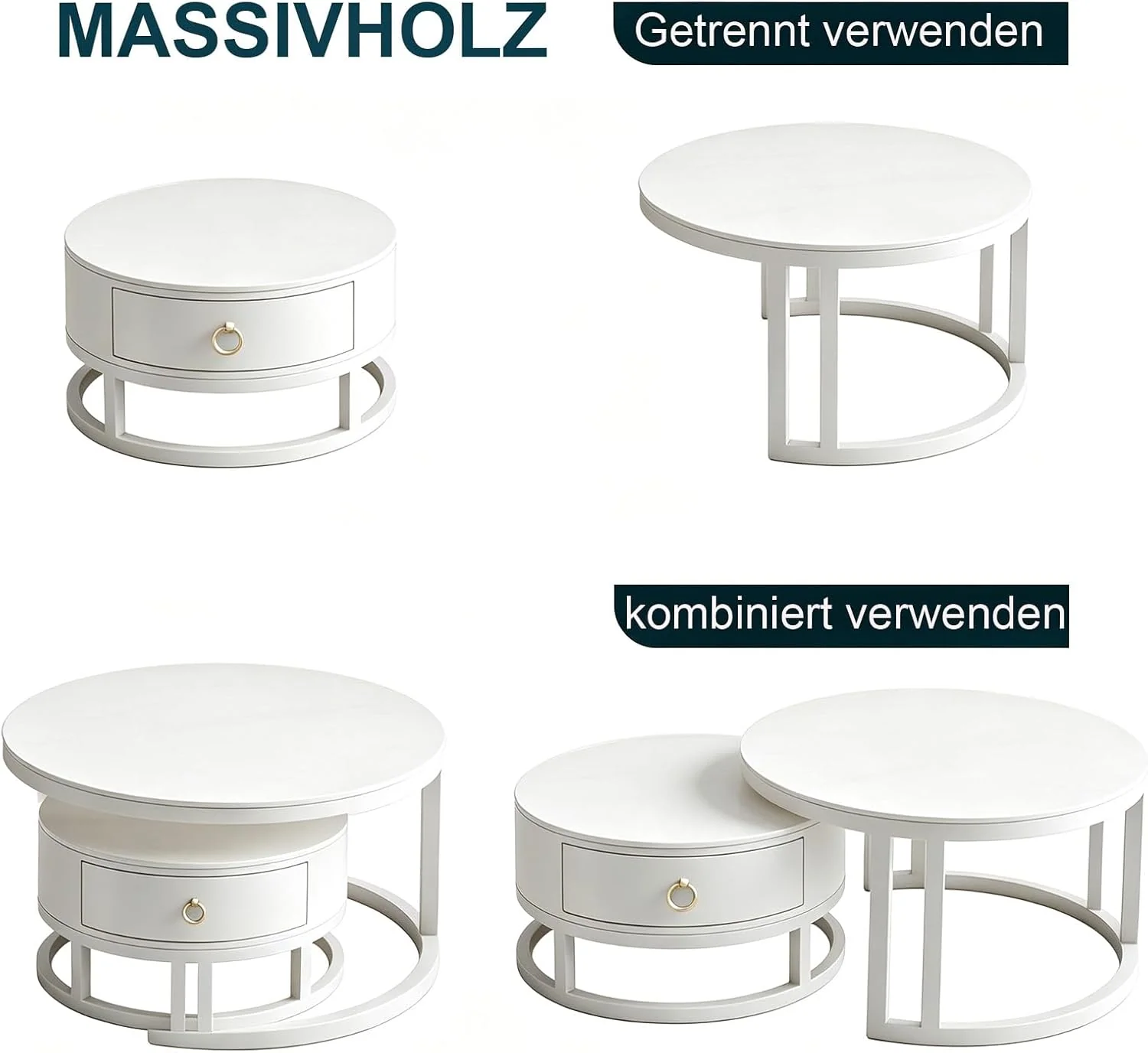 Runde Satztische 2er-Set mit Schublade & Stauraum, Weiß, 70/50 cm