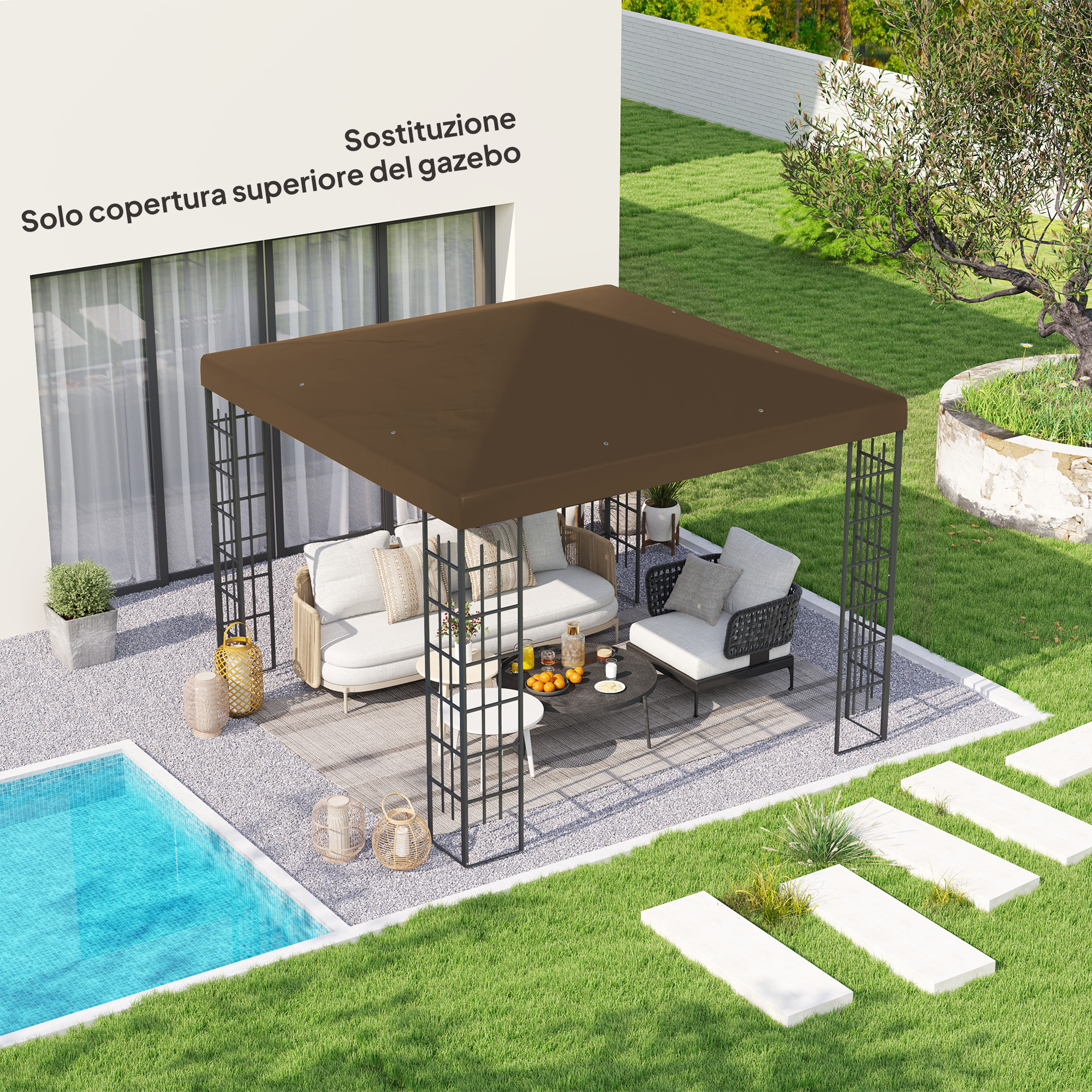 Outsunny Gartenpavillon Dach 3x3 m aus Oxford 600D mit Abflusslöchern, Braun