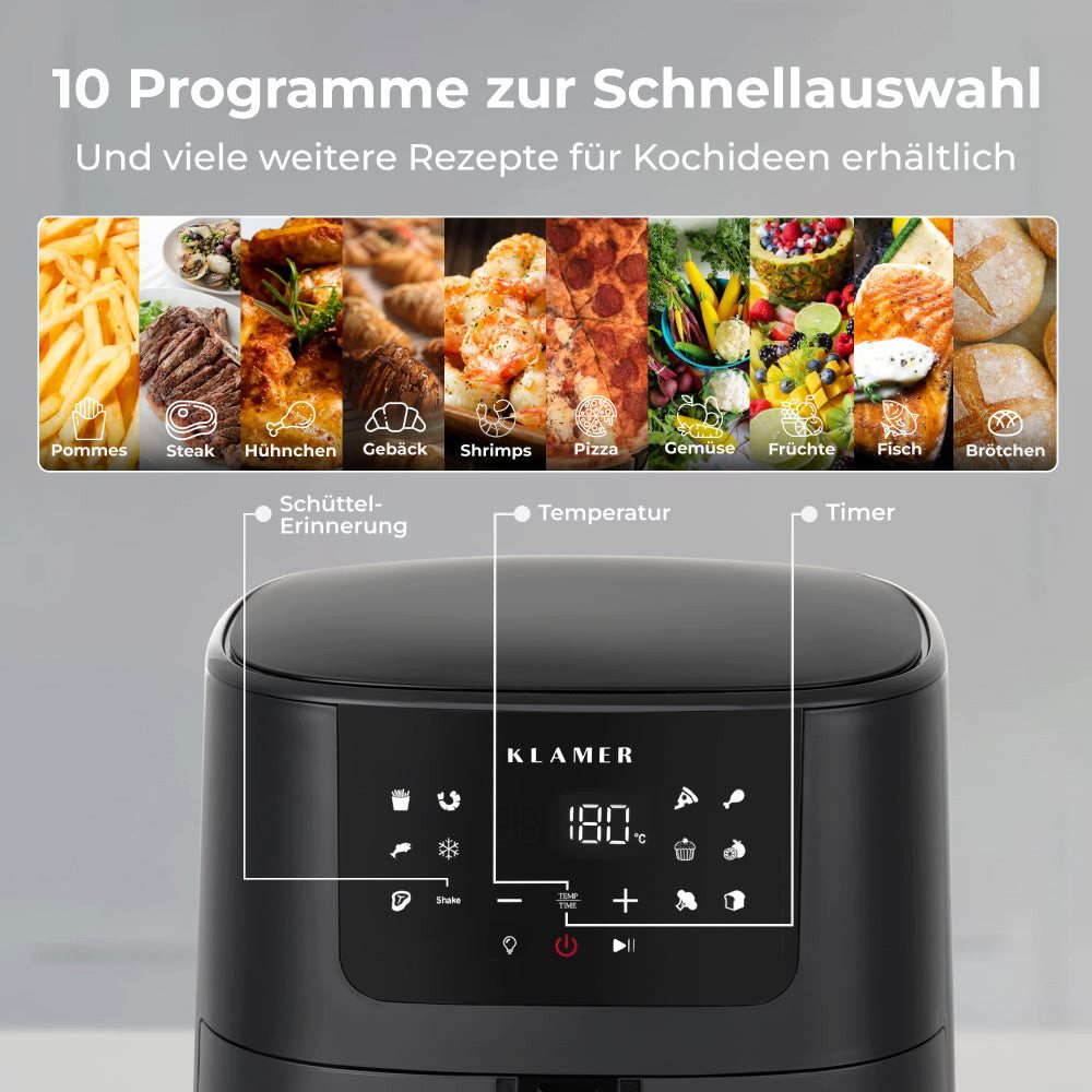 Heißluftfritteuse 5l XL, mit Sichtfenster & Schüttel-Erinnerung, Ölfreier 1500W Airfryer mit LED-Touchscreen, digitalem deutschen Rezeptbuch und spülmaschinenfestem Korb