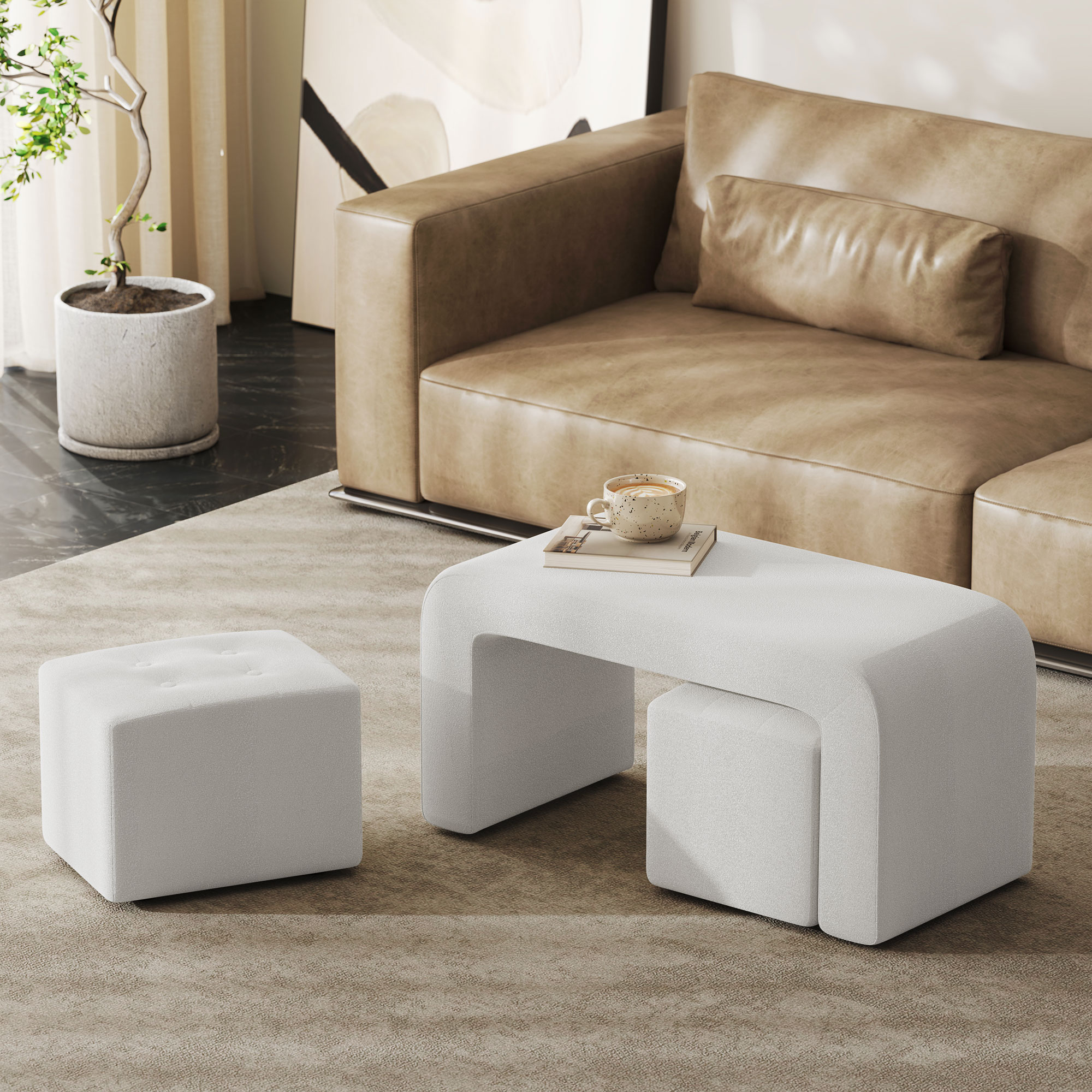 HOMCOM Fußhocker-Set Fußhocker 3-teilig, Knopfheftung, 89 cm x 42,5 cm x 45 cm, Creme