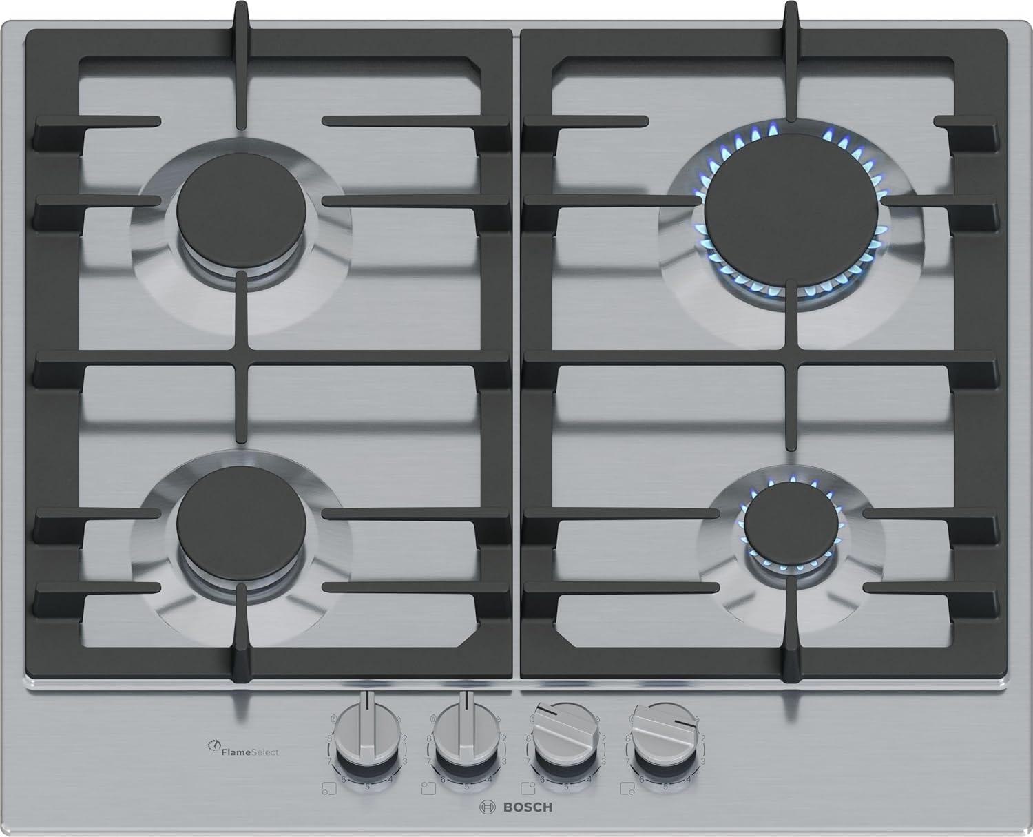 Bosch PGP6B5K60, Gas Hob, Bridge Knobs: Ergonomic Control, 4 Burners, Steel, Amazon Exclusive Version, 60 cm, Series 4 - NEW, Inox