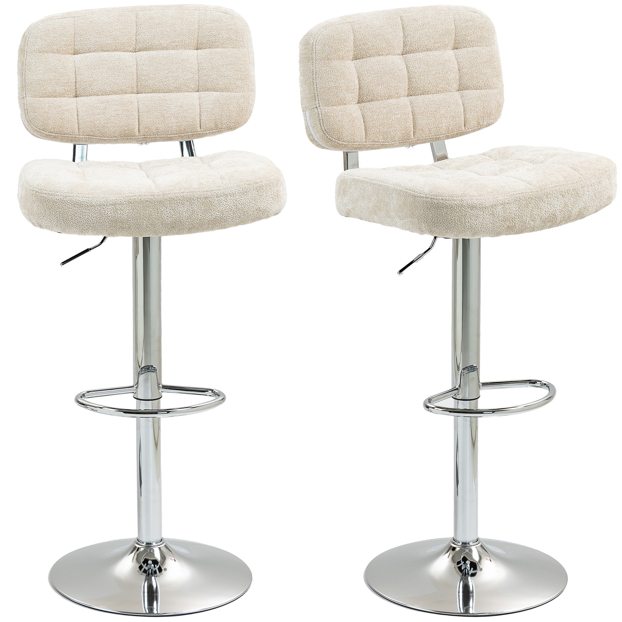 HOMCOM Set mit 2 Barhockern mit Rückenlehne, höhenverstellbar und Fußstütze, Stahlgestell, Belastung 120 kg, beige