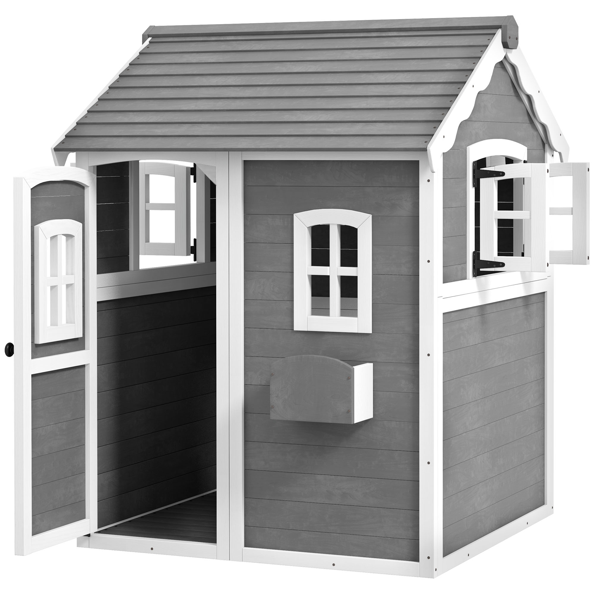 Outsunny Spielhaus für Kinder, Indoor- und Outdoor-Haus mit Tür, Fenstern und Pflanzkasten, Tannenholz, Grau