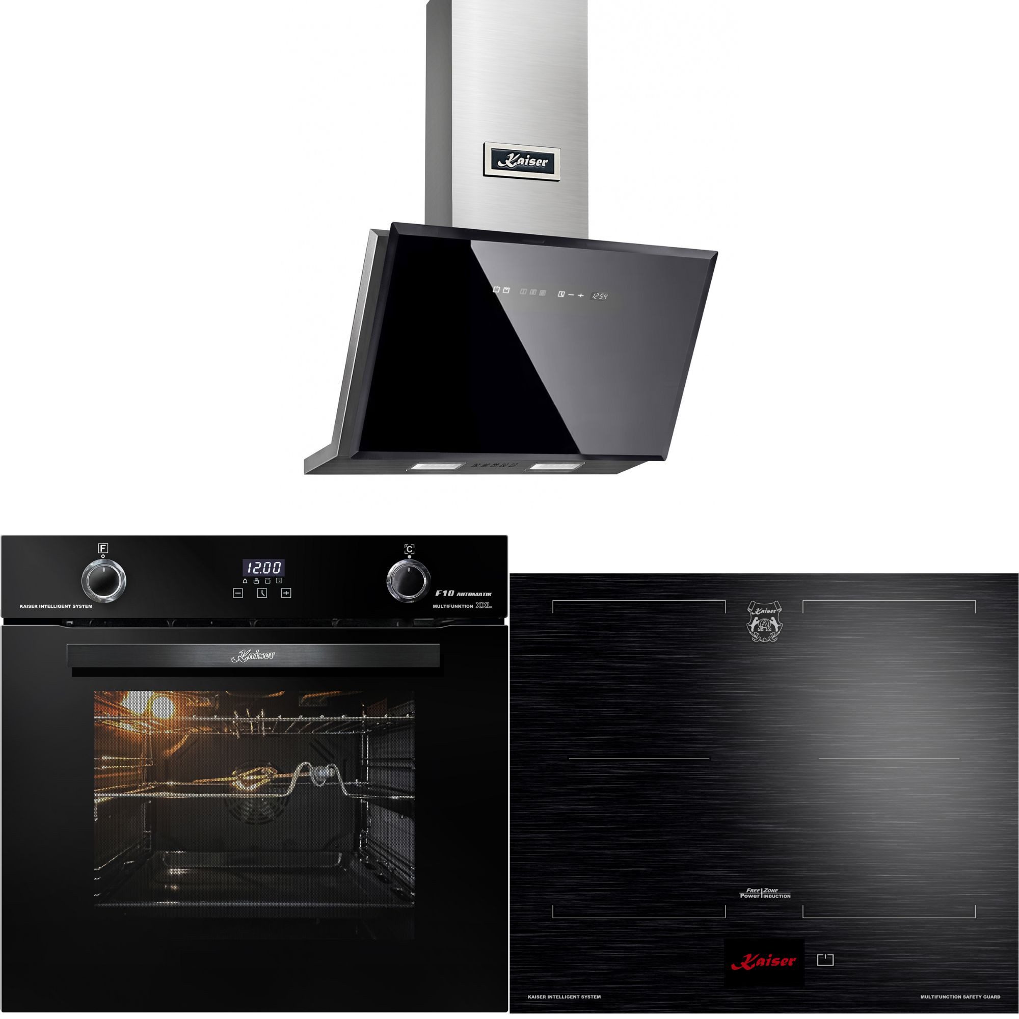 Backofen-Set Herd Set Autark Schwarzer Einbau Backofen 79L Drehknebel 60 cm mit Induktionskochfeld 60 cm FREE ZONE mit 2 FLEX Induktions-Zonen TFT Display+Dunstabzugshaube 60 cm, Edelstahl, 1250m³/h EH 6367+KCT 6140 FI+AT 6430 F ECO