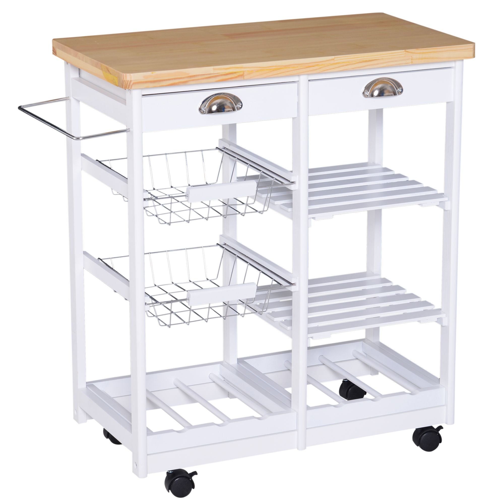 HOMCOM Küchenwagen Küchenrollwagen Servierwagen mit Korb Schublade Weinablage rollbar Holz weiß 74 x 37 x 76 cm