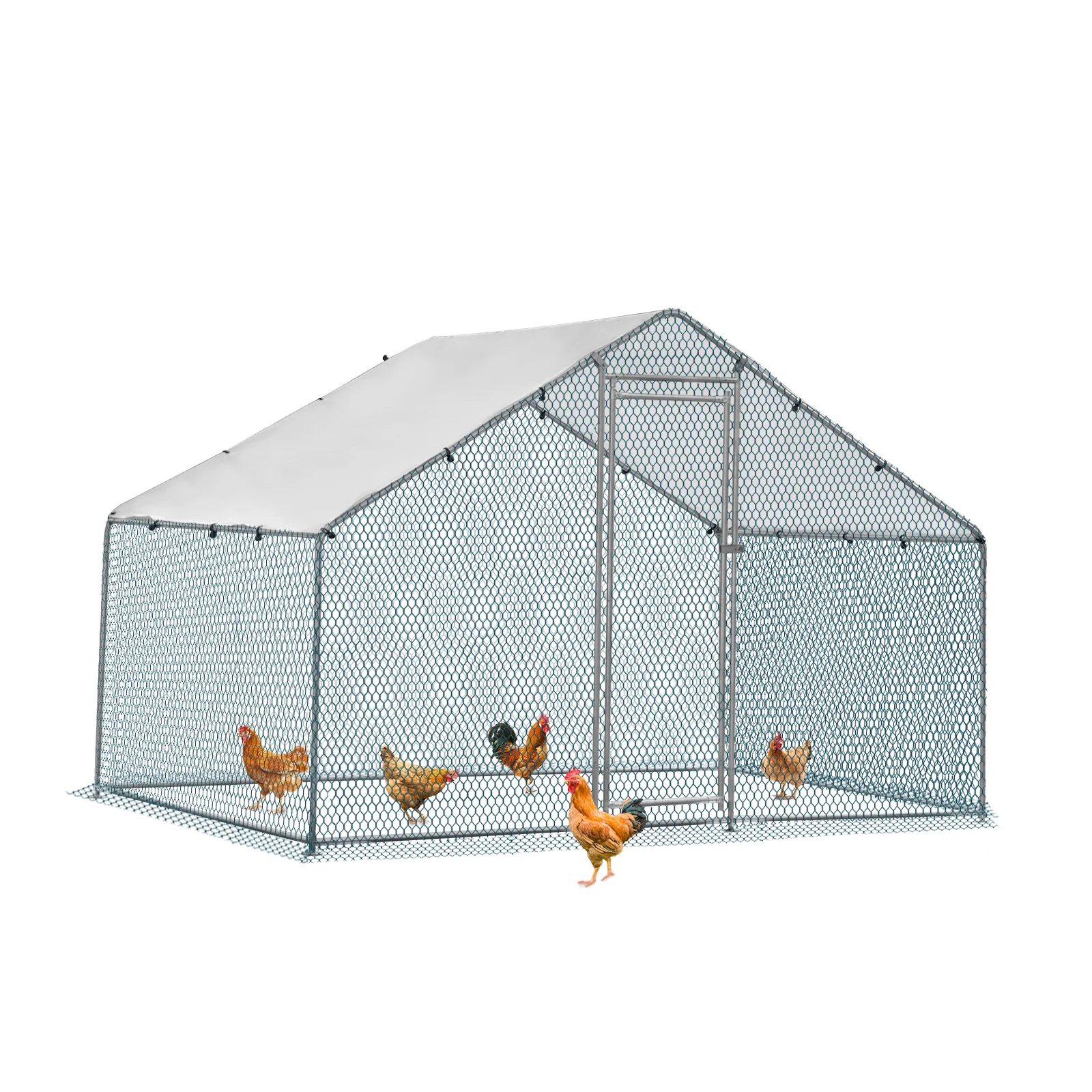 ZephyPaws Large Metal Chicken Coop 6.5&times;10 ft, Walk in Poultry Cage with Waterproof Cover for Backyard Farm