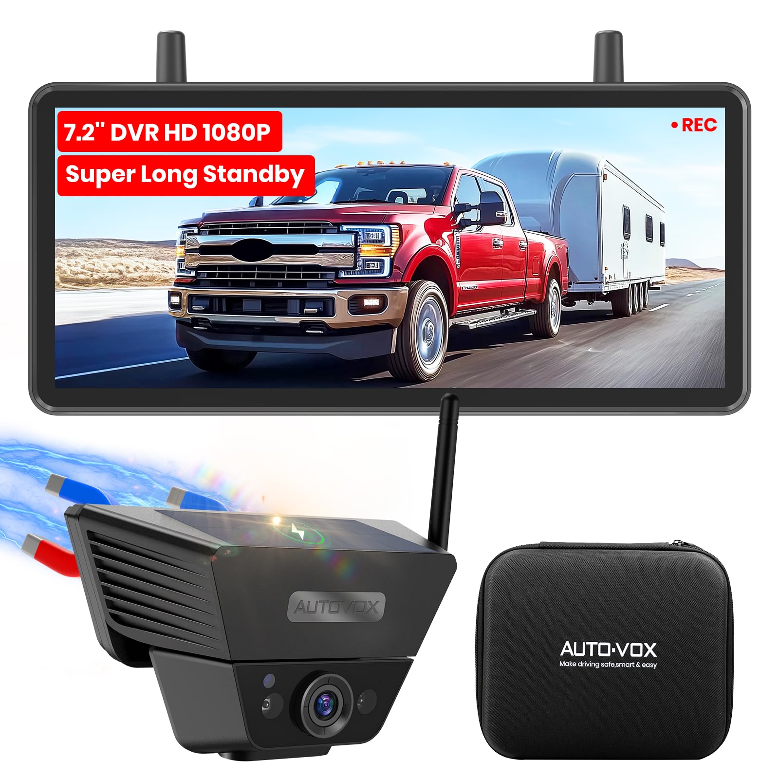 AUTOVOX Solar Rückfahrkamera Kabellos mit 7,2 Zoll 1080P Display und Installation in 1 Minute für PKW LKW