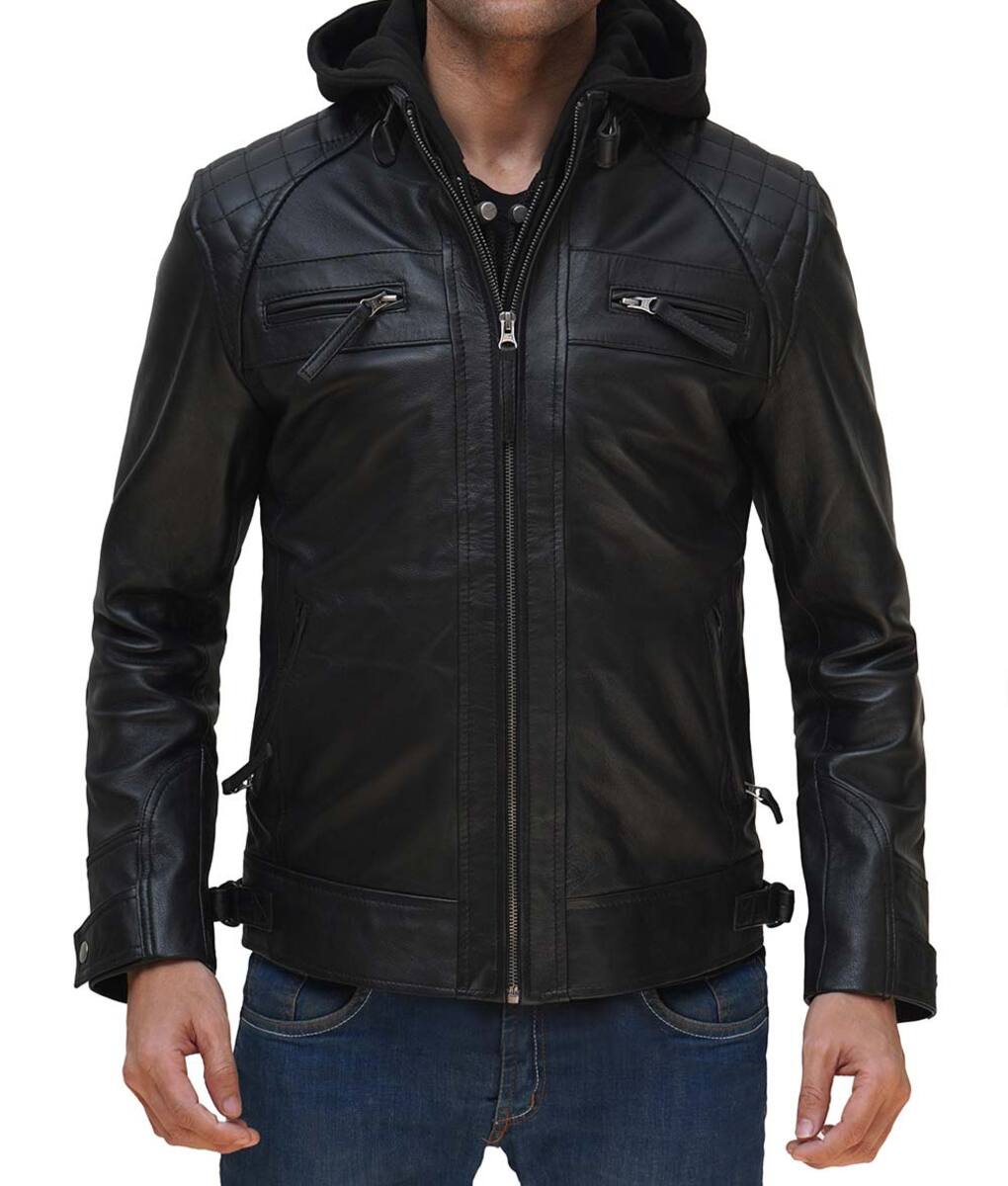 Mens Leather Black Jacket With Hood