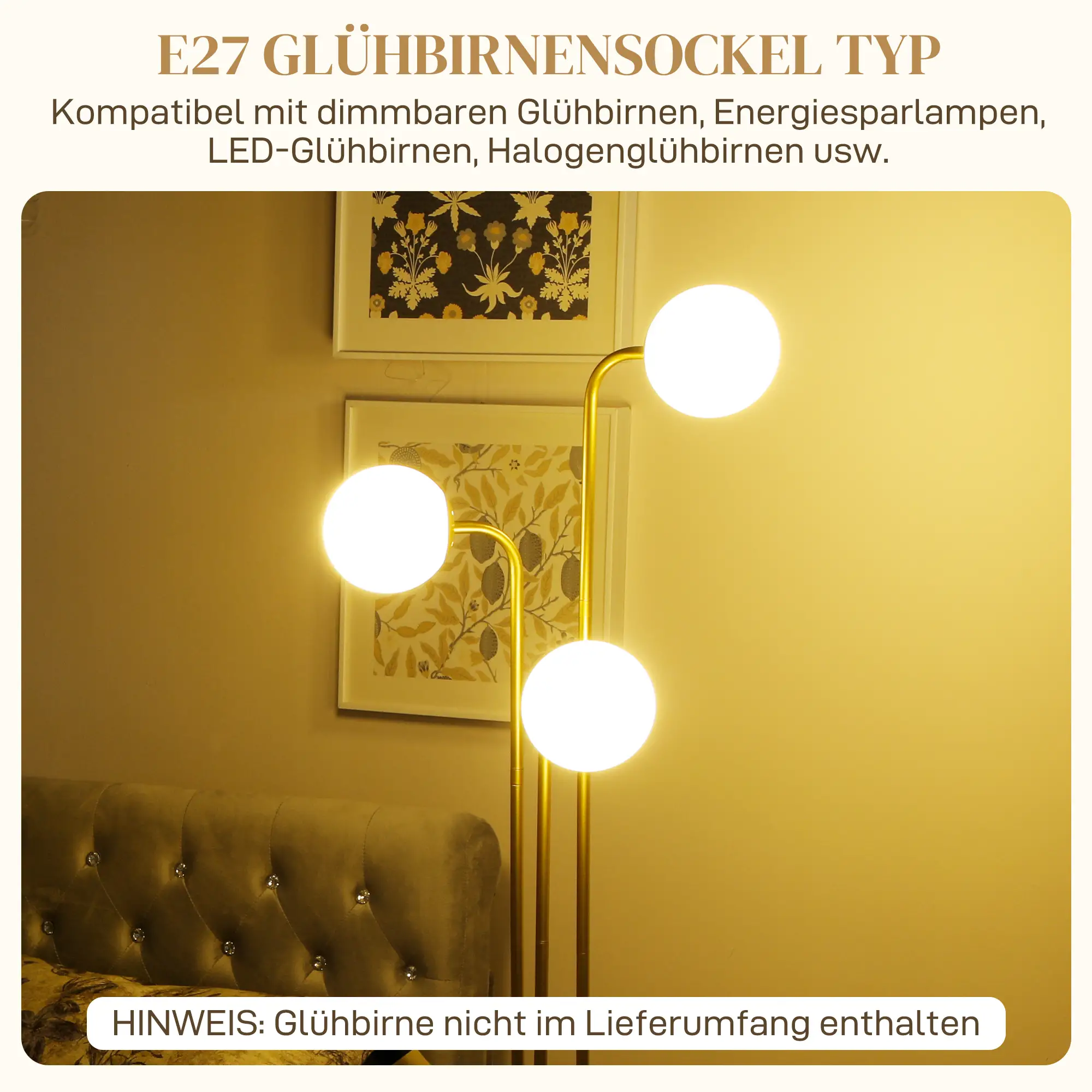 HOMCOM Stehlampe drehbar 3 Schirme Wohnzimmer Leselampe Gold