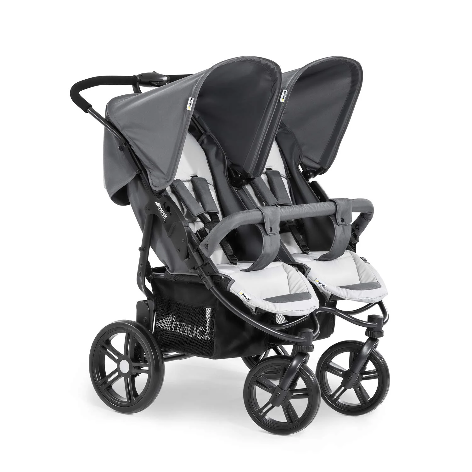 hauck Geschwisterwagen Roadster Duo SLX, Zwillingsbuggy ab Geburt bis 15 kg (ca. 3 Jahren) mit Liegefunktion, XL Korb, Einfach und Klein Zusammenklappbar, Gro?e R?der (Grey/Silver)