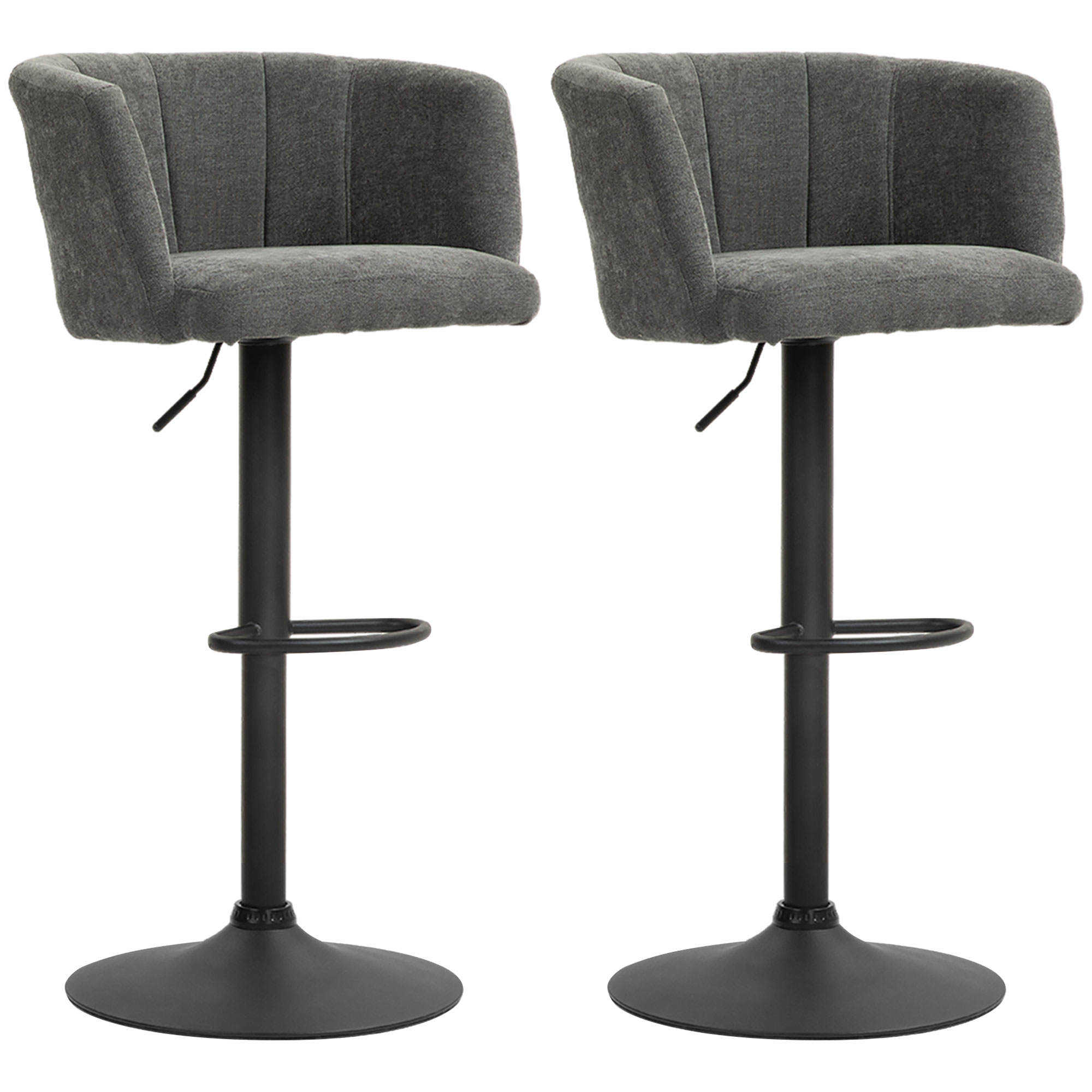 HOMCOM Barhocker 2er-Set, Schalenrücken, höhenverstellbar, Fußstütze, für Küche oder Esszimmer, Metallbasis, Dunkelgrau