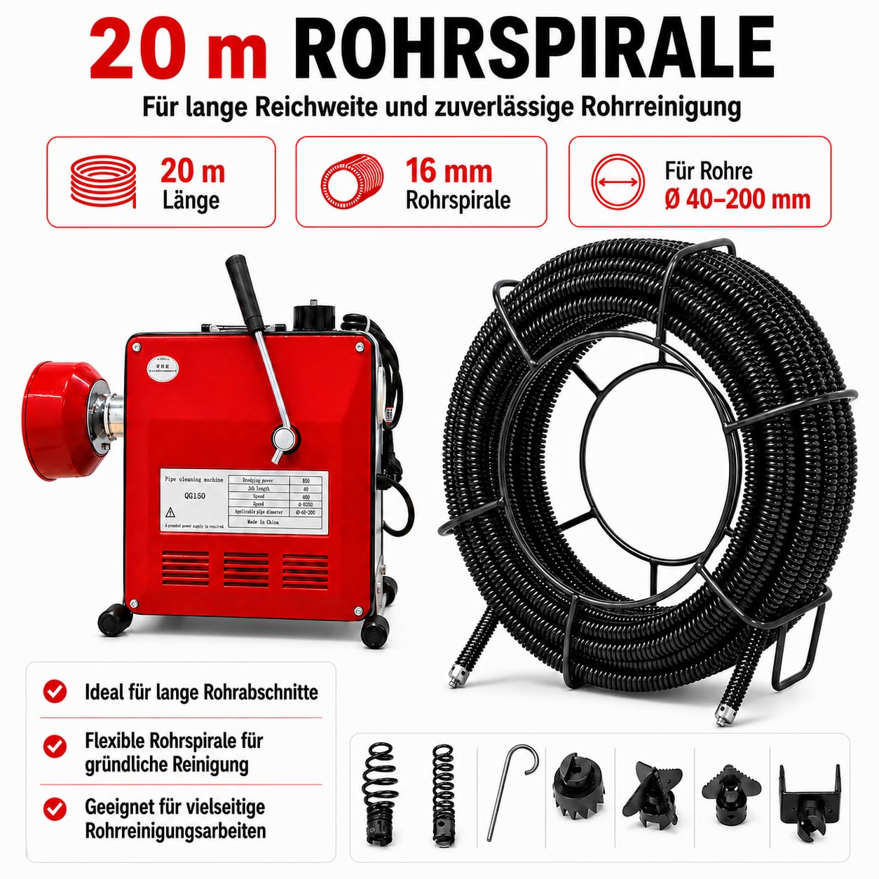 Rohrreinigungsmaschine 850W mit 400 U/min Ausgangsdrehzahl für Rohre Ø40–200 mm, inkl. 20 m Spirale, Biegespirale und 6 Reinigungsköpfen