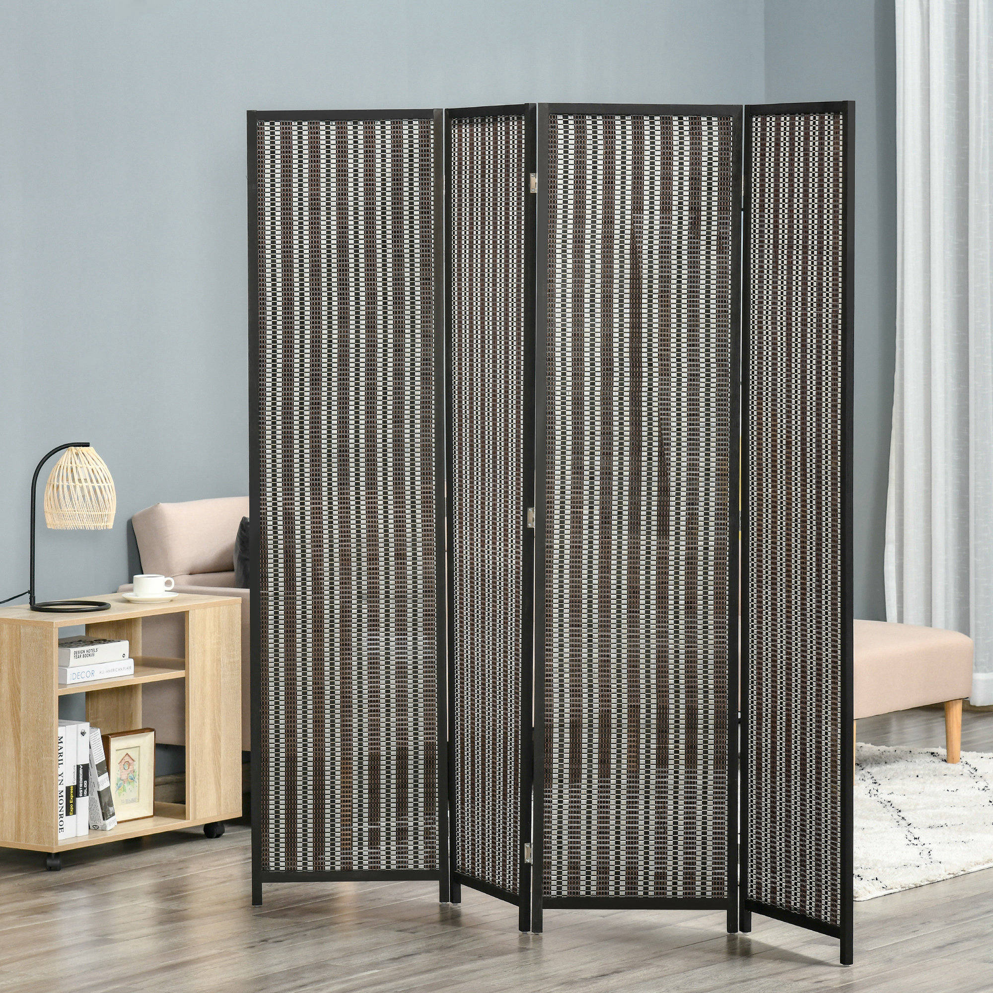 HOMCOM Raumteiler, faltbar, Kiefernholz/Bambus, 180 x 180 cm, Braun/Schwarz
