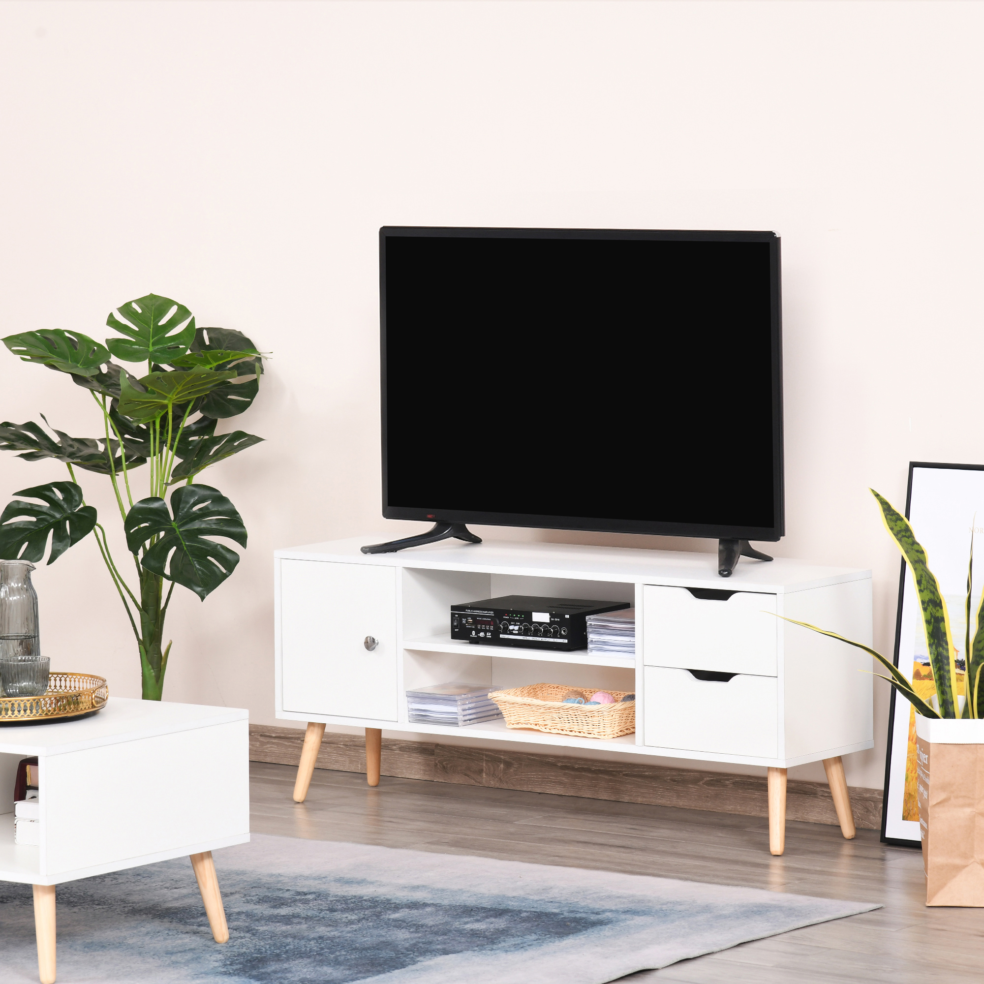 HOMCOM TV Lowboard Fernsehtisch Fernsehschrank für TV bis zu 50" mit Schrank 2 Schubladen Holzfüße Wohnzimmer Weiß 120 x 28 x 44 cm