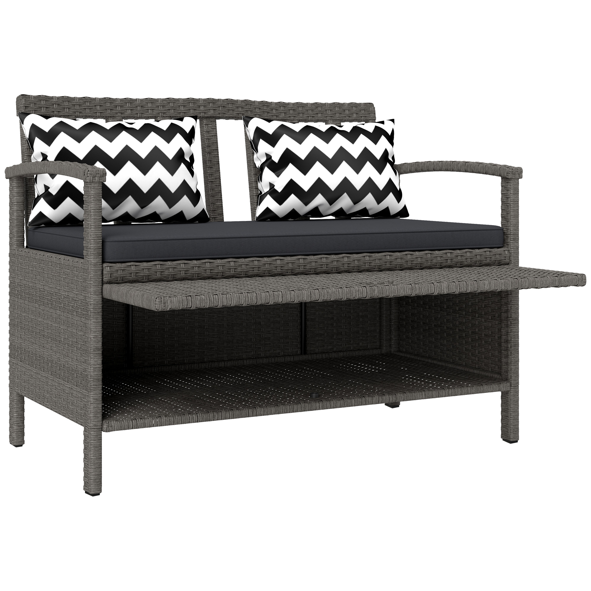 Outsunny Gartenbank für draußen 2 Personen Aufbewahrungsbank 160L aus PE Rattan mit Kissen 2 Kissen 112 x 62 x 82 cm Grau