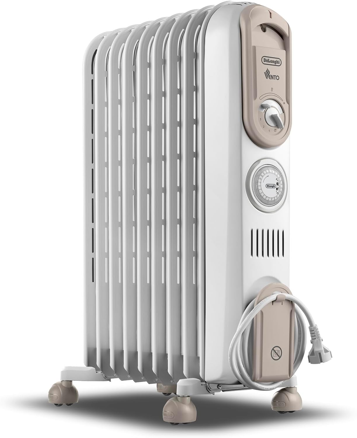 De'Longhi Serie Vento V550918T.WB Radiatore ad Olio Elettrico, Stufetta elettrica a basso consumo, 9 Elementi, Timer, Manopole Intuitive, per Ambienti Fino a 54m³, 3 Livelli di Potenza, 1800W, Bianco