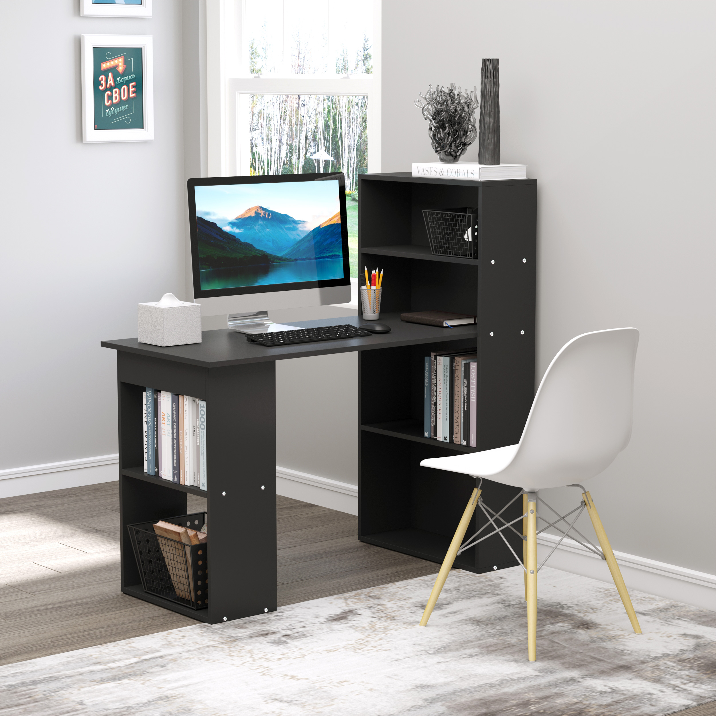 HOMCOM Computertisch mit angrenzendem Bücherregal Eckbüro 120L x 55B x 120H cm Multi-Lagerung Schwarz