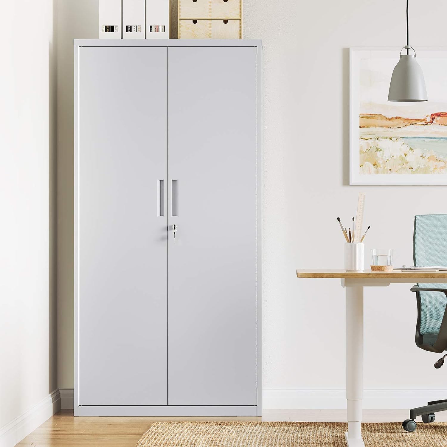 SONGMICS Aktenschrank, Mehrzweckschrank, Stahl-Aufbewahrungsschrank, 5 Ebenen, Doppeltüren, Schloss, Werkzeugschrank, verstellbare Ablagen, Garage, Büro, Wohnzimmer, grau OMC015G01