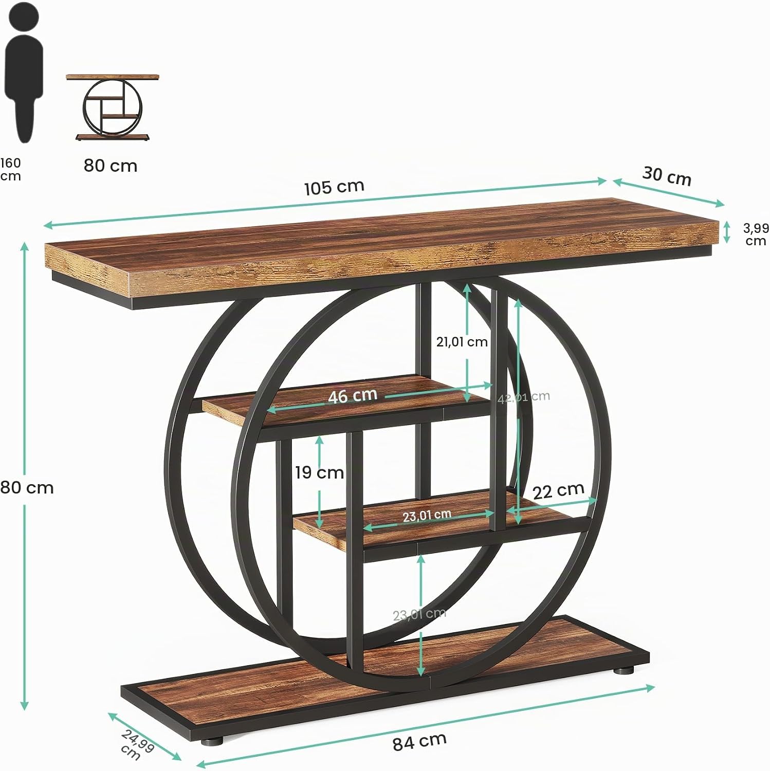Tribesigns Tavolo consolle stile industriale da 105 cm, per ingresso e divano, a 4 livelli con base circolare, stretto, in legno con ripiani portaoggetti per soggiorno e corridoio
