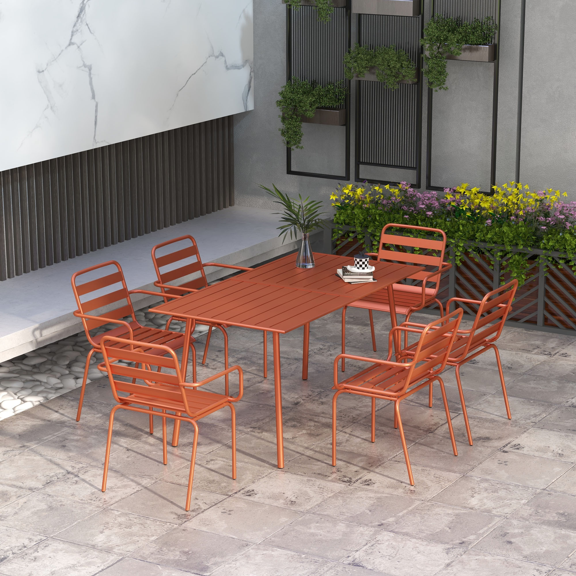 Outsunny Gartenmöbel Set Garten-Dining-Set 7-teilig mit 1 Tisch und 6 stapelbaren Stühlen aus Stahl in Rot