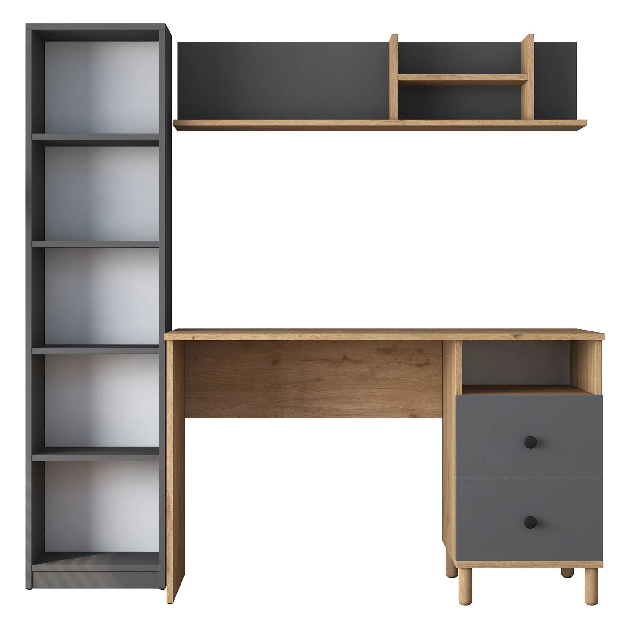 Composizione studio moderna con scrivania libreria e mensola antracite e naturale