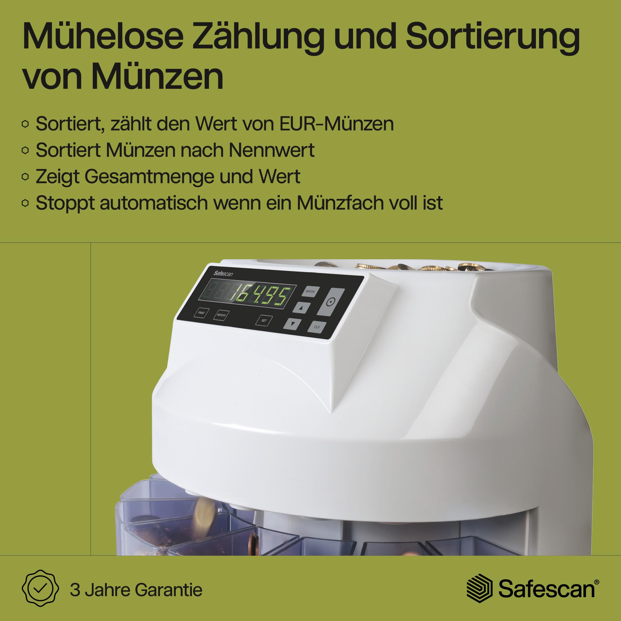 Safescan 1250 EUR Münzzähler Geldzählmaschine für Euro Münzen mit Zählfunktion und Additionsmodus