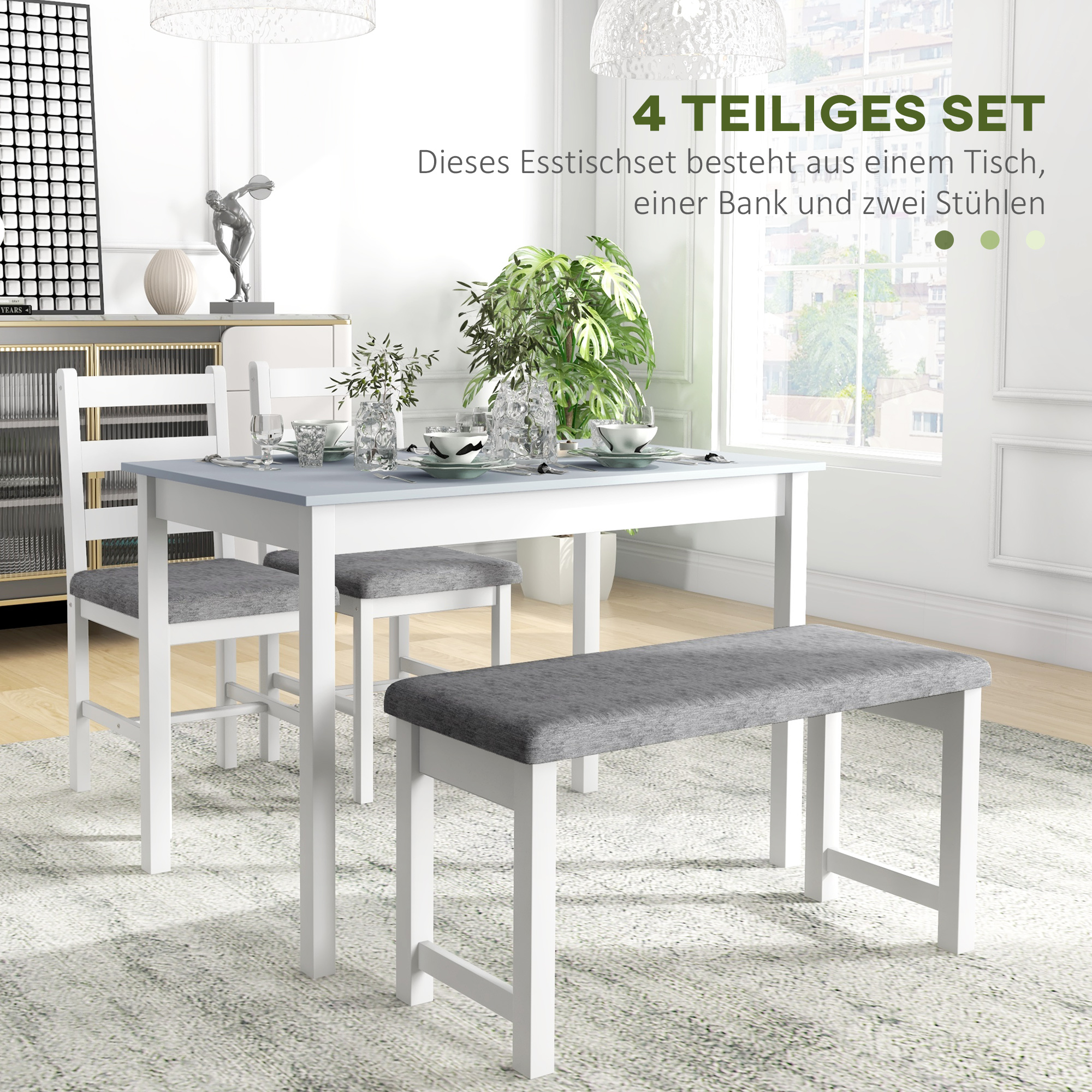 HOMCOM 4-delige eetset, 1 tafel, 1 bank, 2 stoelen, grijs+wit