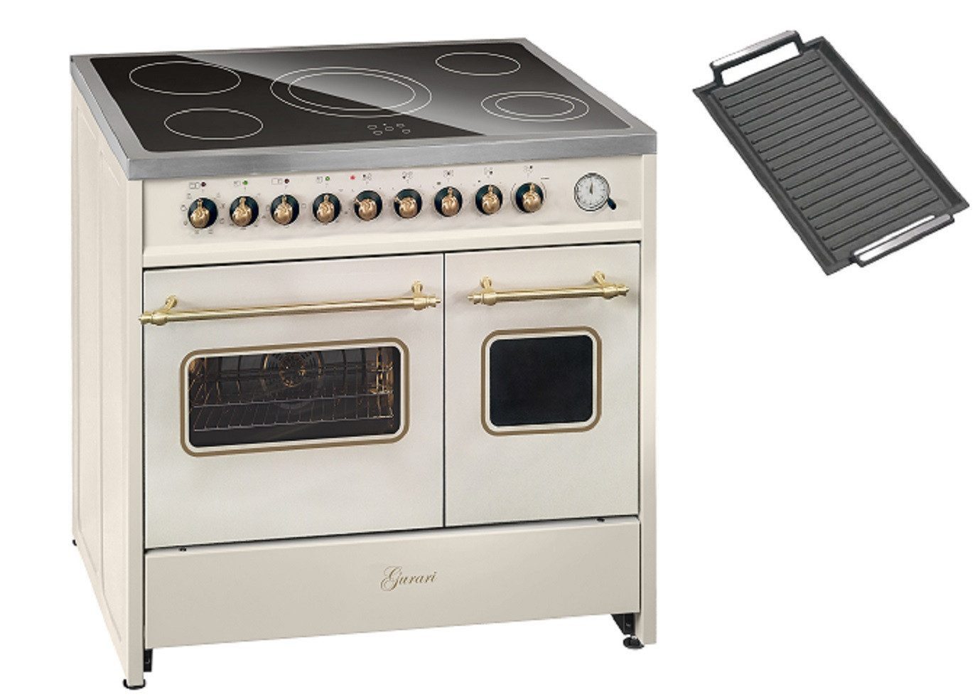 Elektro-Standherd Glaskeramik Herd 90 cm Creme Range Cooker Elektro Doppelbackofen GCH E 912 DF Cr r+Grillplatte.