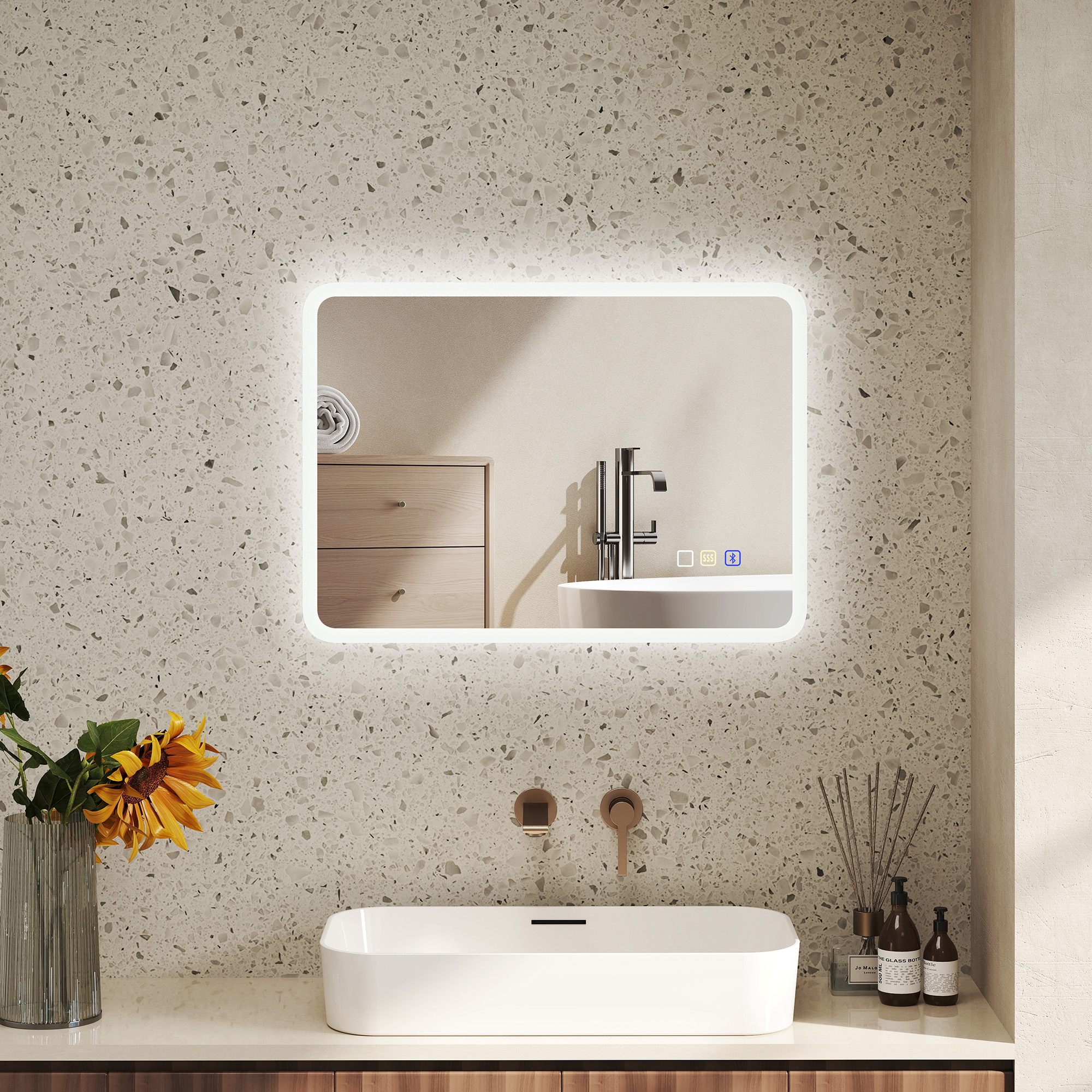 HOMCOM Badezimmerspiegel LED Bluetooth 50 x 70 cm Touch-Schalter einstellbares Licht 3 Farben Anti-Beschlag Speicher Silber