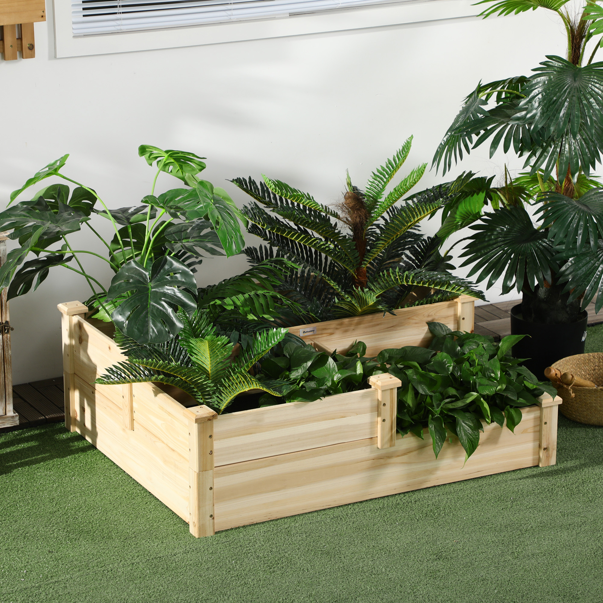 Outsunny Hochbeet mit 3 Pflanzkästen, 3-stufiges Design, offenere Boden, 108 cm x 88 cm x 36 cm, Natur