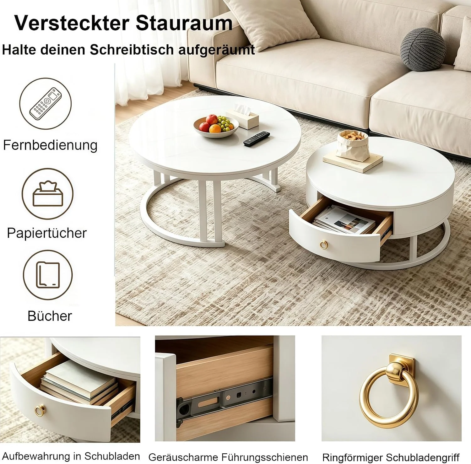 Runde Satztische 2er-Set mit Schublade & Stauraum, Weiß, 70/50 cm