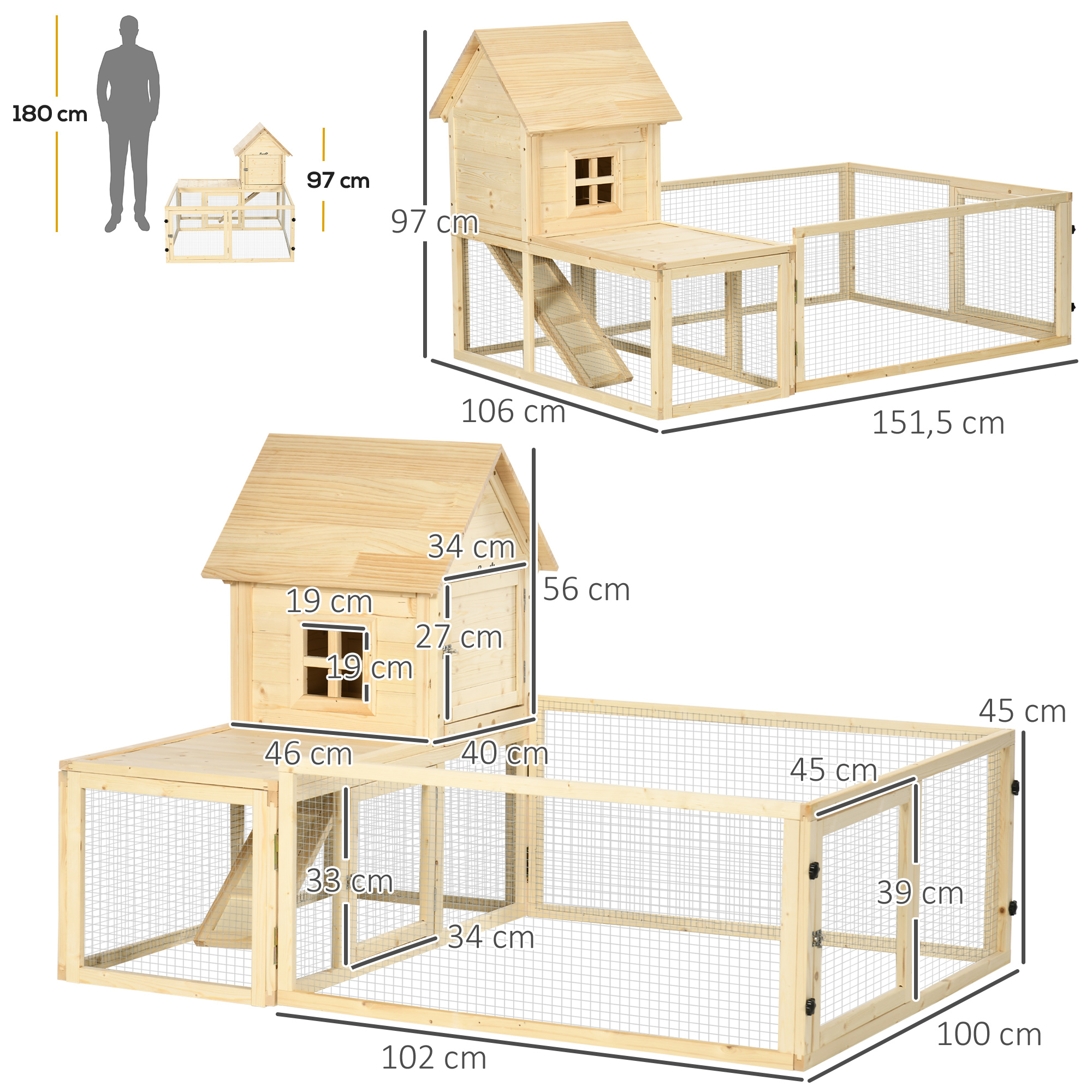 Konijnenhok met 1 Trap, 1 Nestkast, 1 Bodemlade, 151,5 x 106 x 97 cm