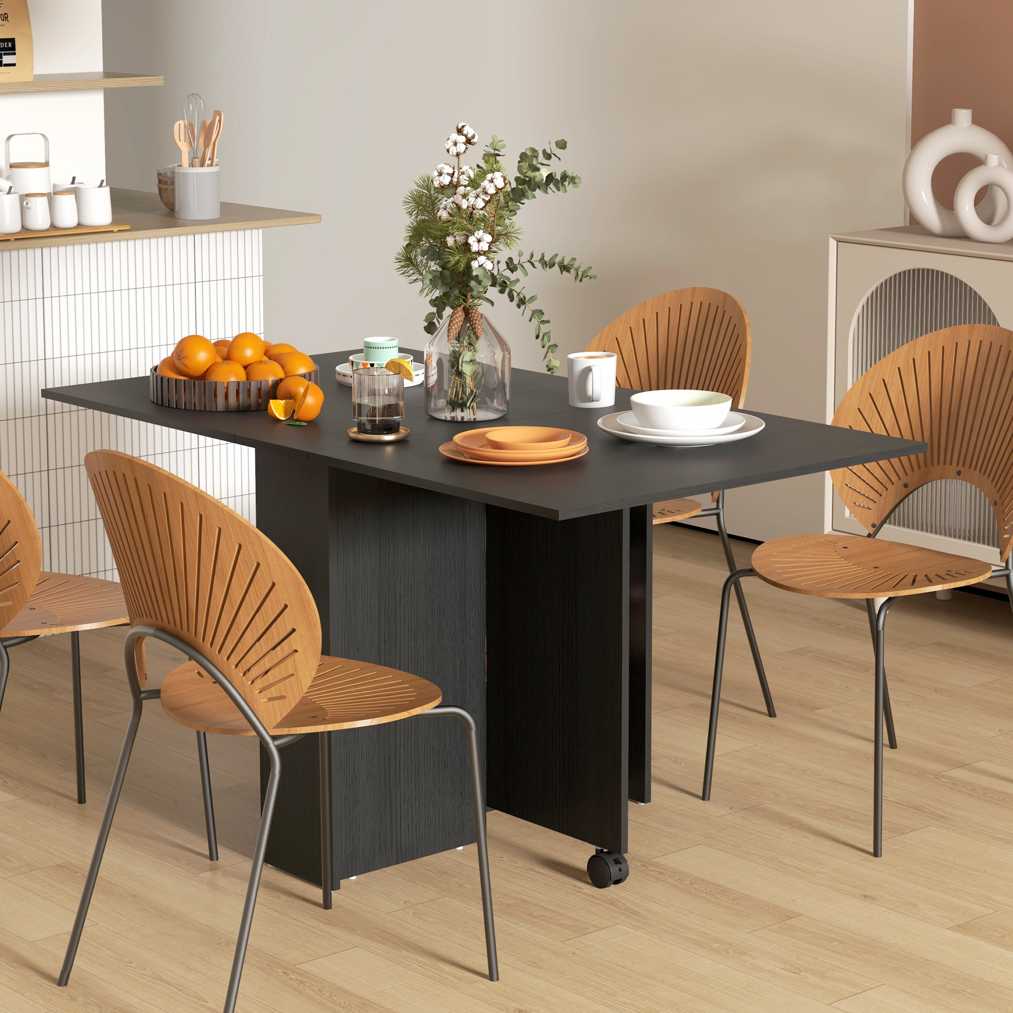 HOMCOM Platzsparender Klappbarer Tisch mit 2 Klappen für 6 Personen mit Regalen und Rollen, Schwarz